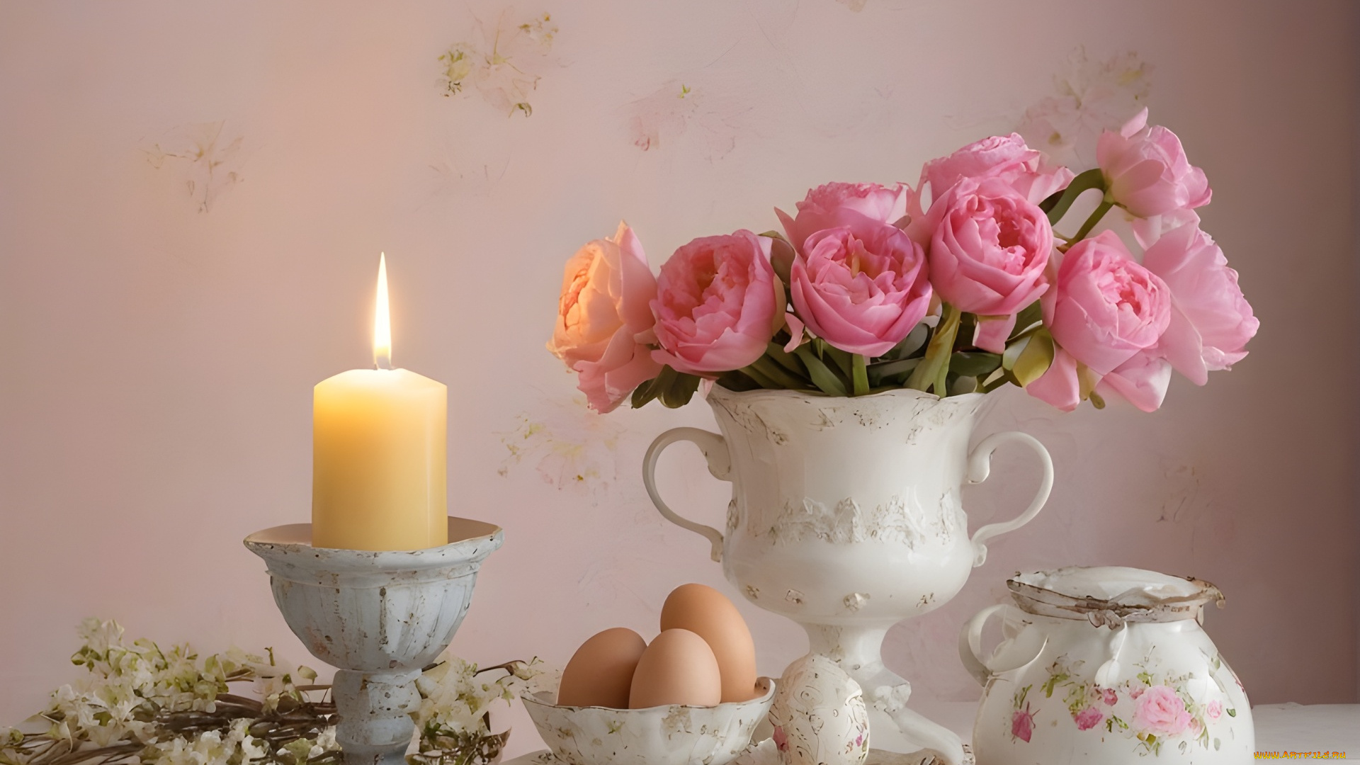 праздничные, пасха, цветы, свеча, яйца