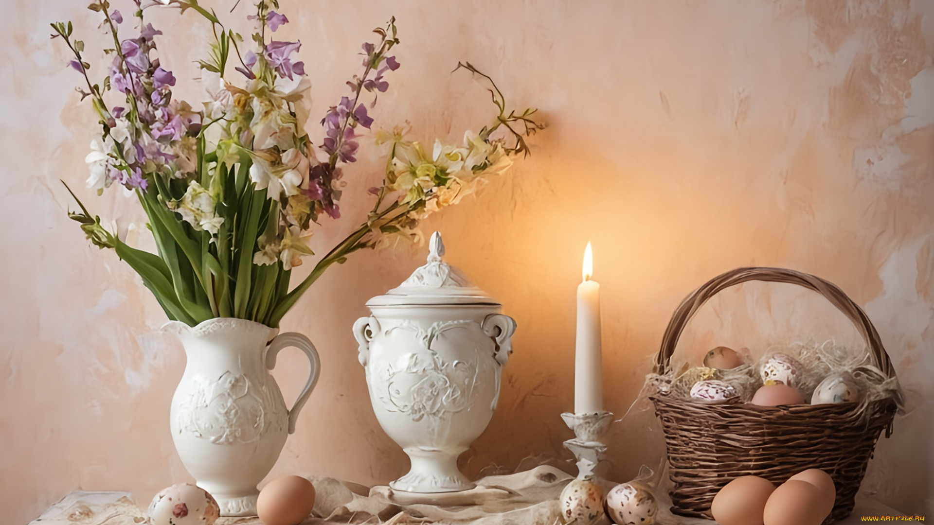 праздничные, пасха, цветы, ваза, свеча, корзинка, яйца