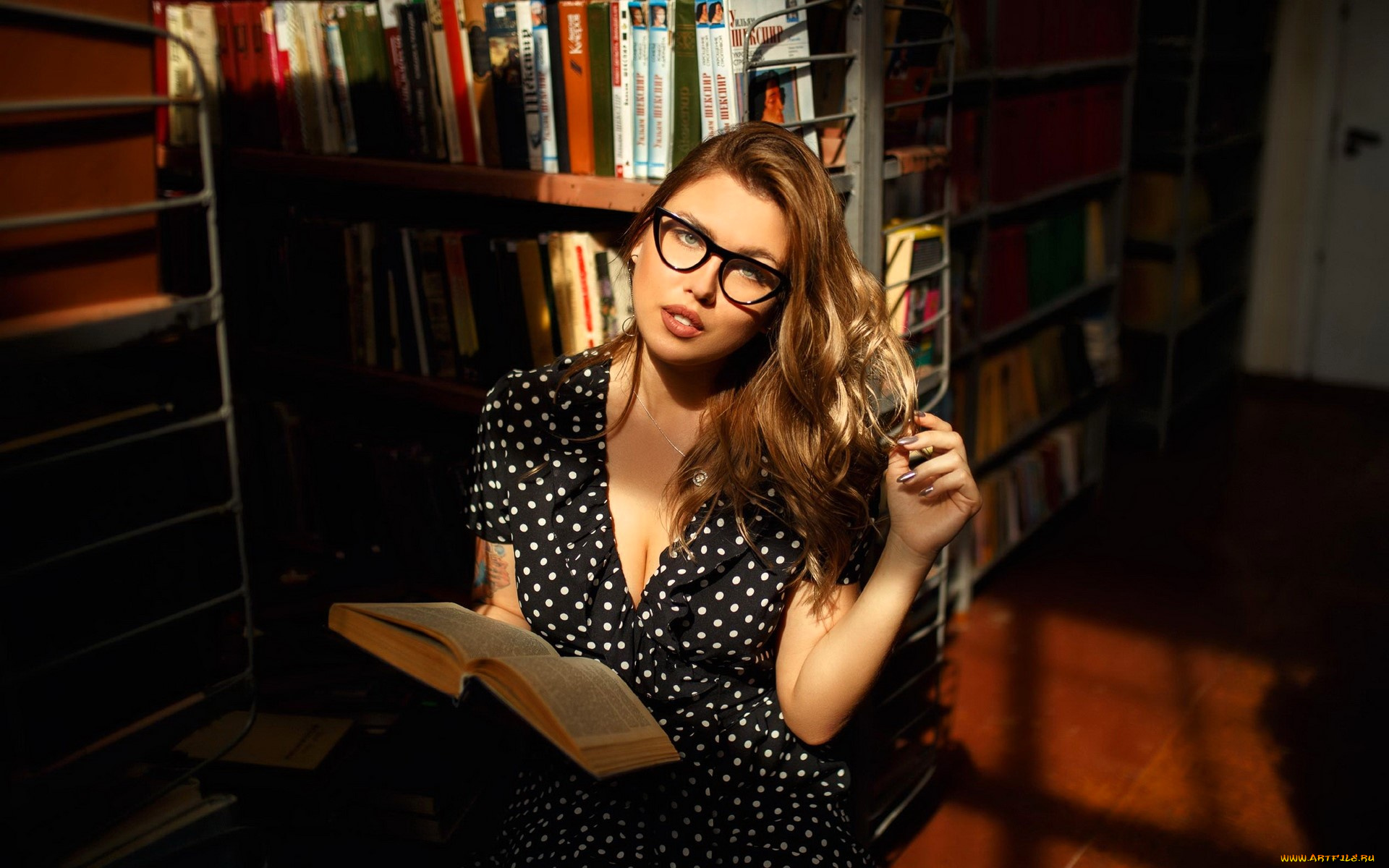 девушки, -, брюнетки, , шатенки, русая, очки, платье, книги, библиотека