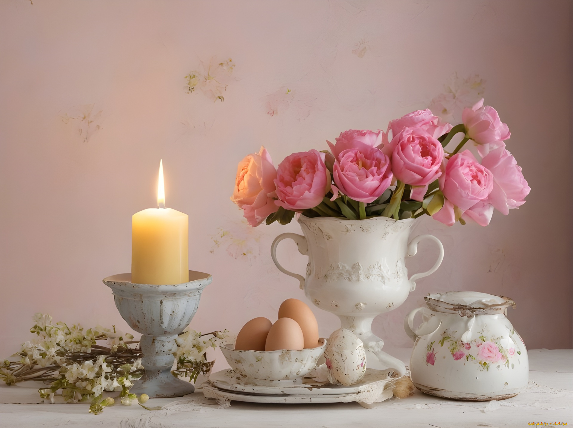 праздничные, пасха, цветы, свеча, яйца