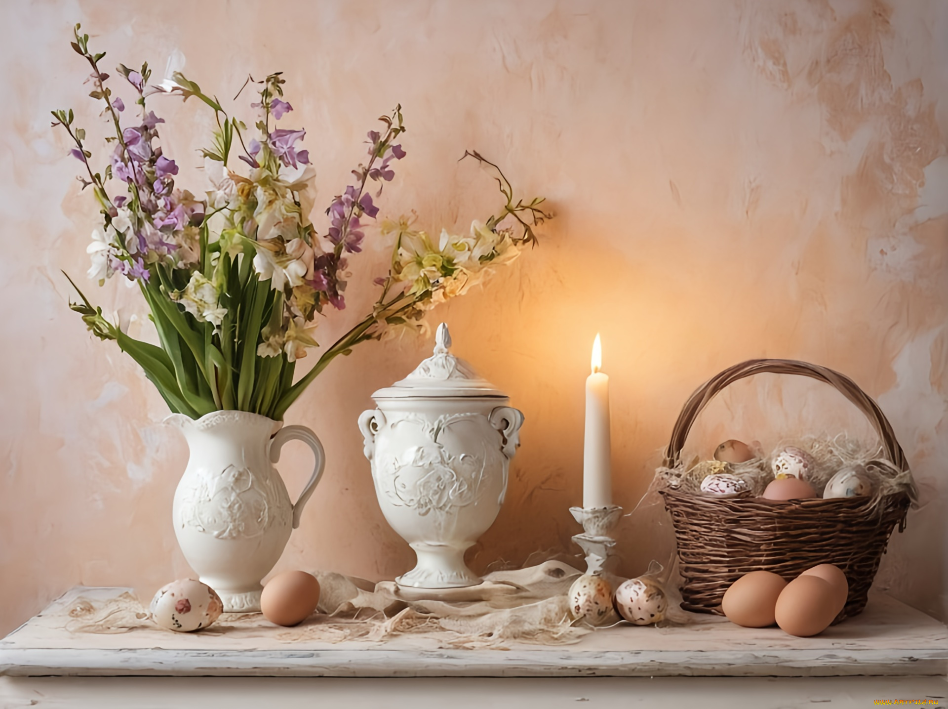 праздничные, пасха, цветы, ваза, свеча, корзинка, яйца