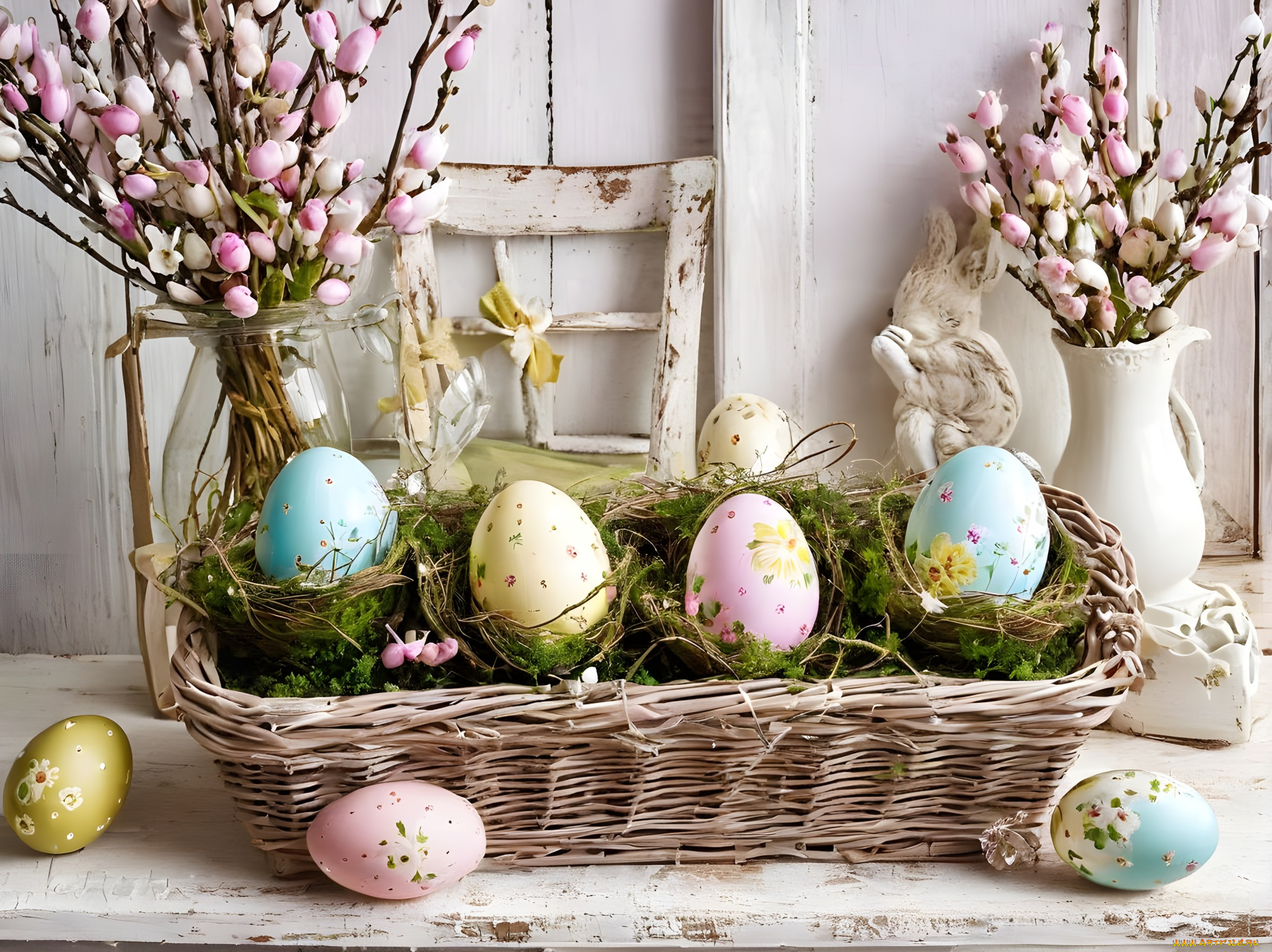 праздничные, пасха, цветы, корзинка, яйца
