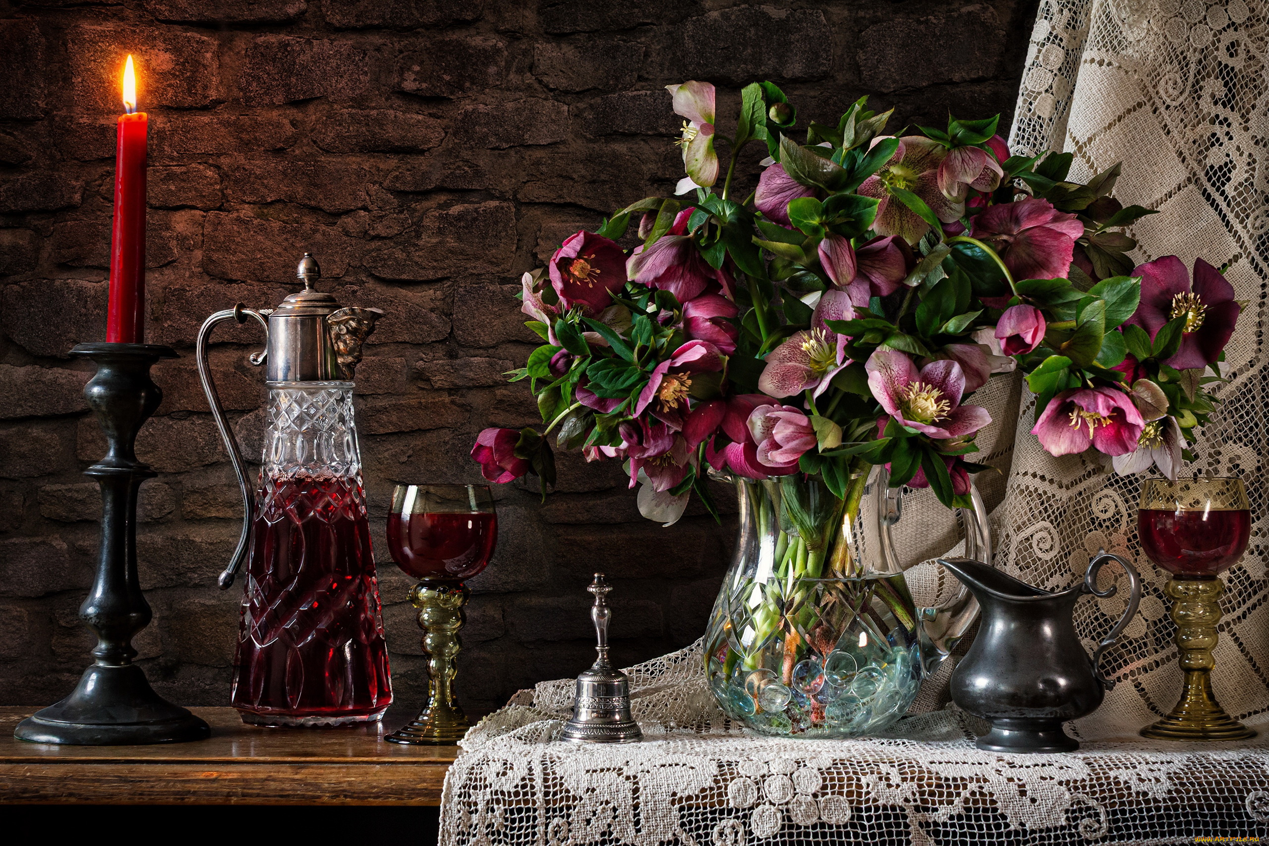 еда, напитки, , вино, свеча, колокольчик, вино, букет, кувшин, бокалы