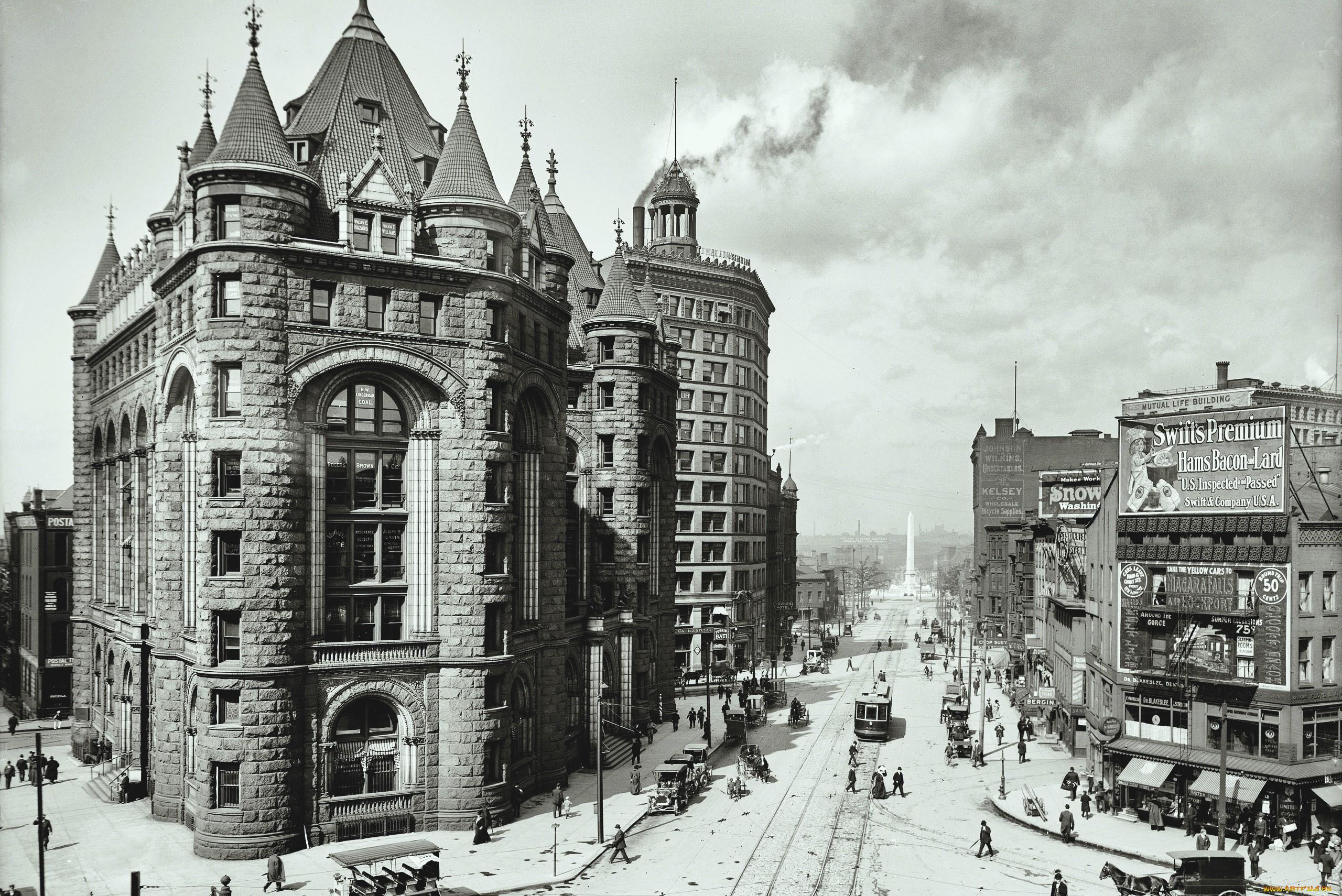 баффало, города, -, улицы, , площади, , набережные, черно-белый, улица, здания, люди, ретро