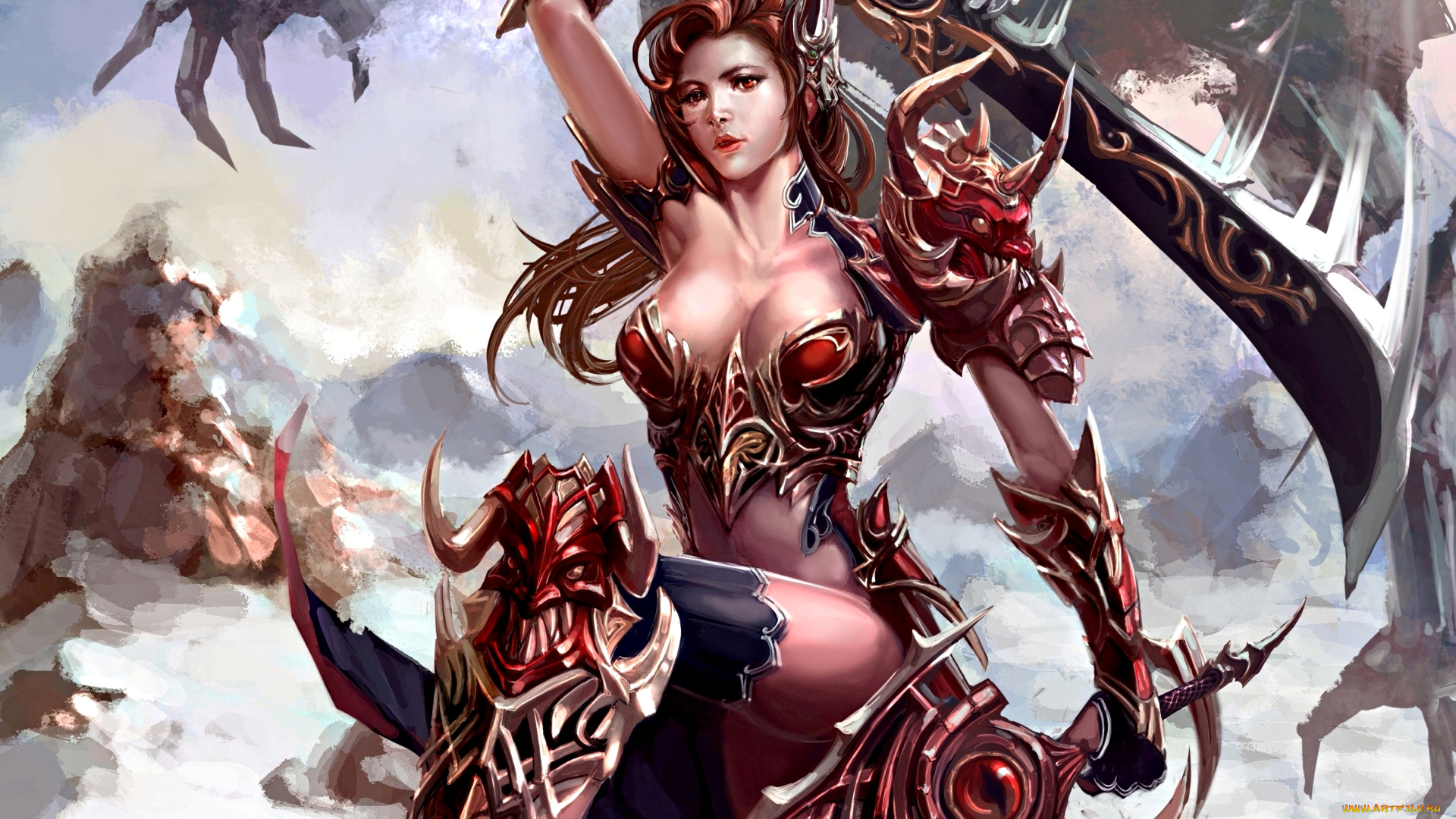 xiaobotong, фэнтези, девушки, доспехи, меч