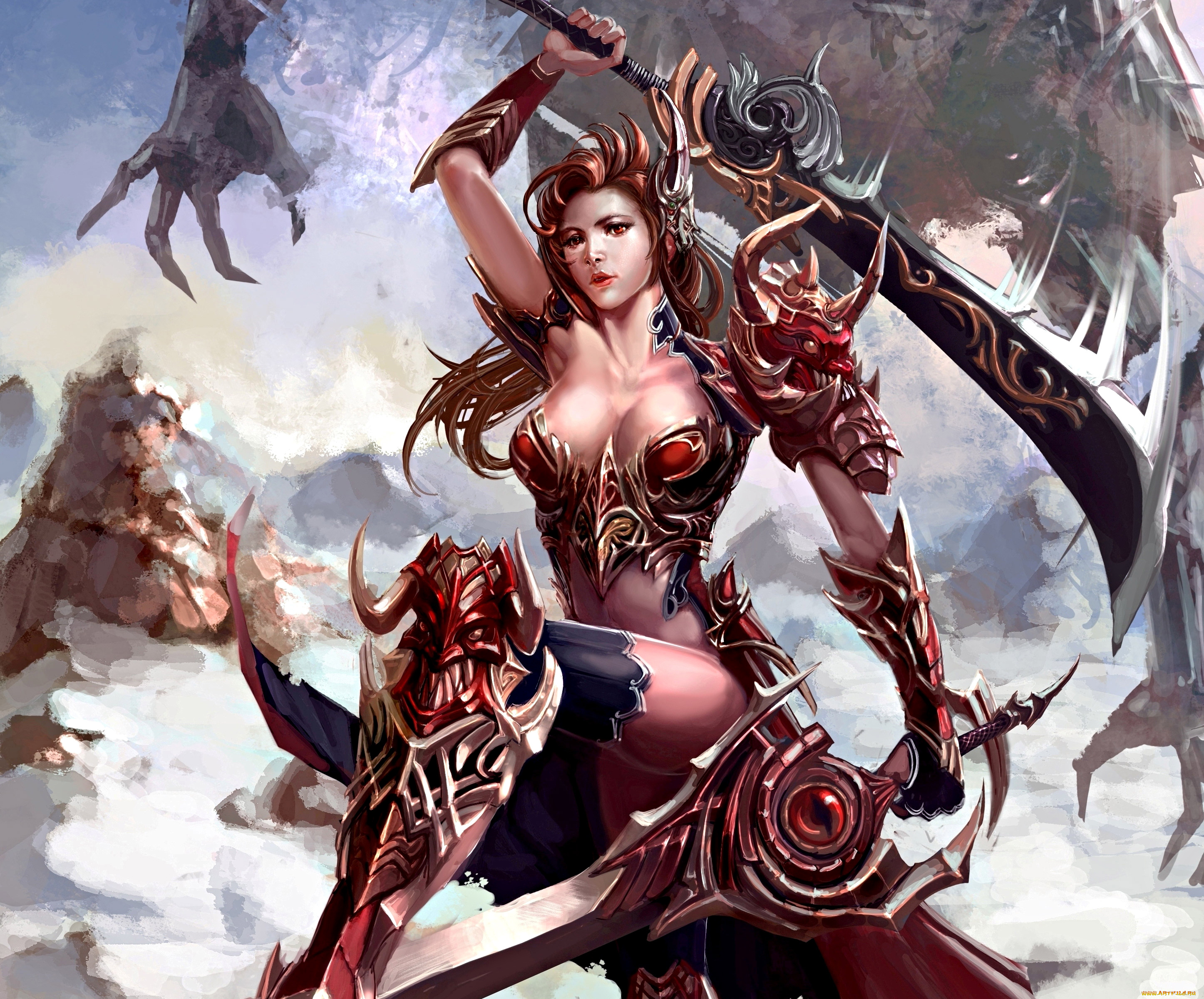 xiaobotong, фэнтези, девушки, доспехи, меч