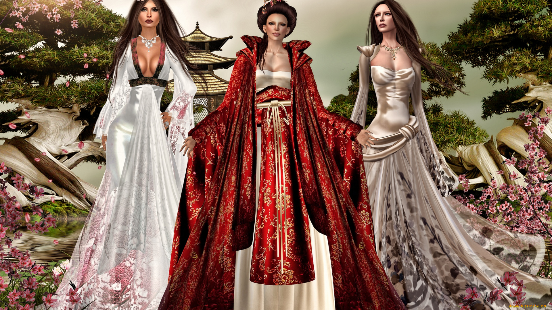 3д, графика, people, люди, девушки, платья, пагода
