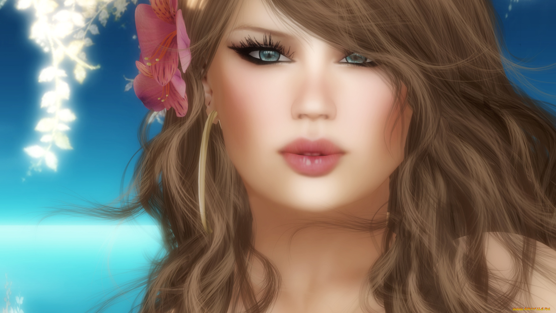 3д, графика, portraits, портрет, волосы, цветок