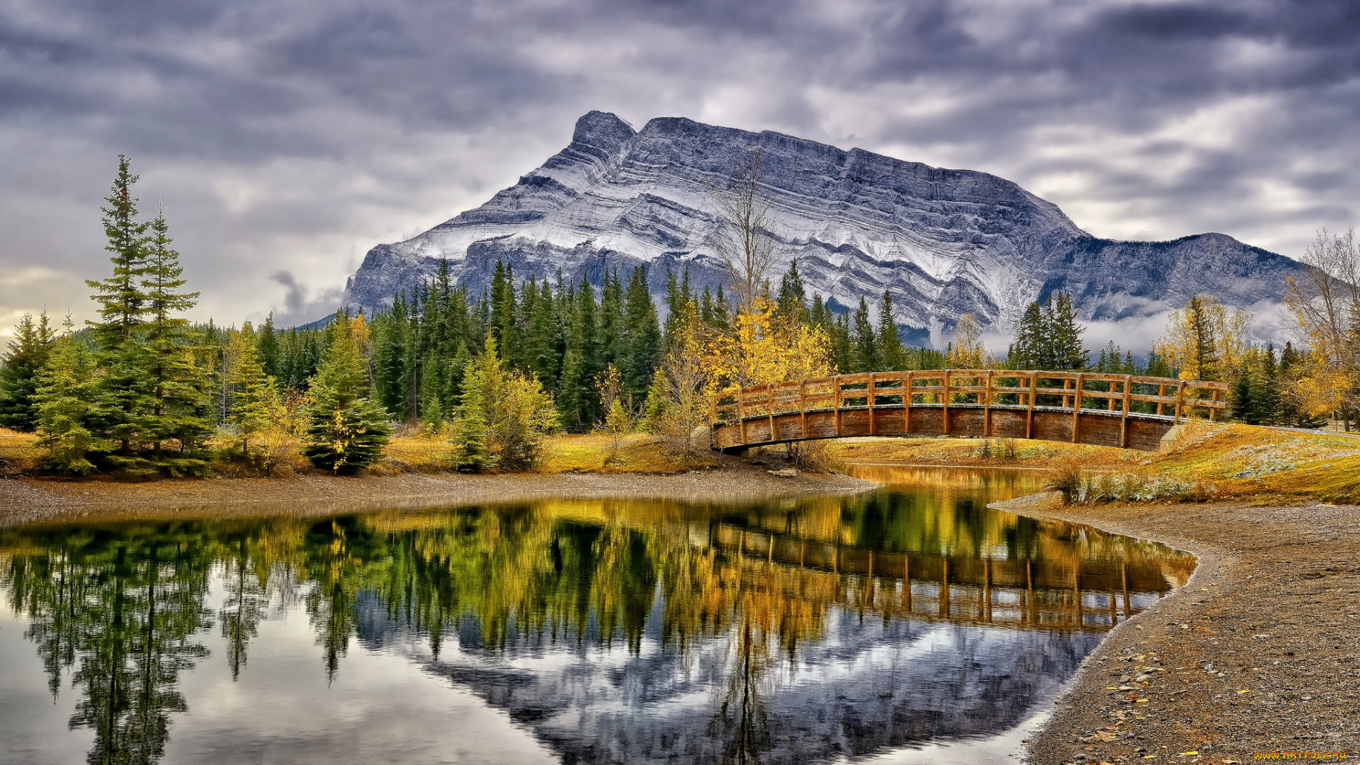 cascade, ponds, banff, national, park, природа, реки, озера, alberta, горы, мост, пруд, канада, банф, альберта, canada, отражение, осень