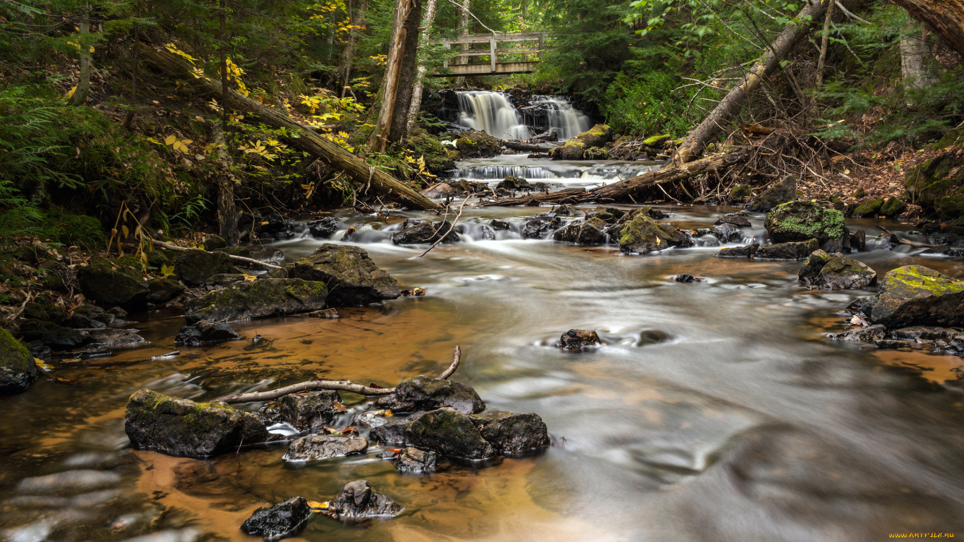 chapel, falls, alger, county, michigan, природа, водопады, река, лес, камни, мост