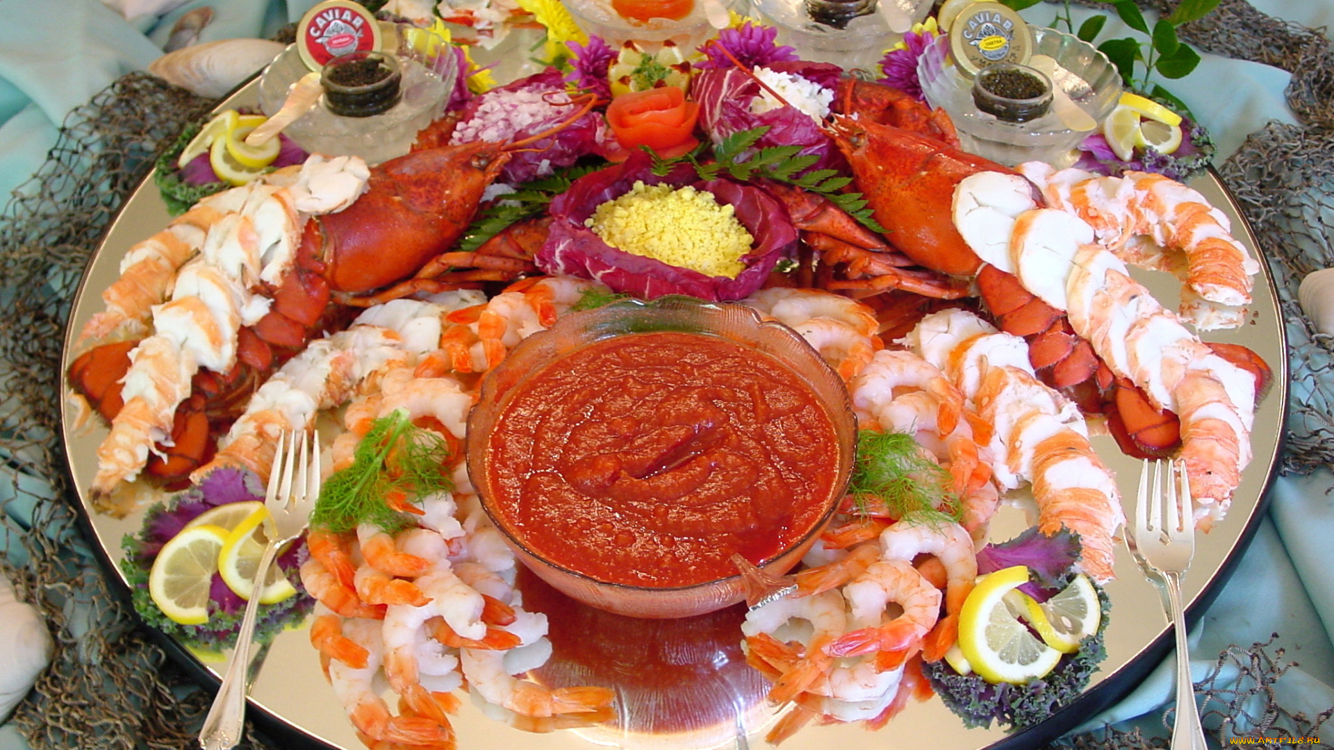 еда, рыба, морепродукты, суши, роллы, омары, креветки, приборы, соусы, икра