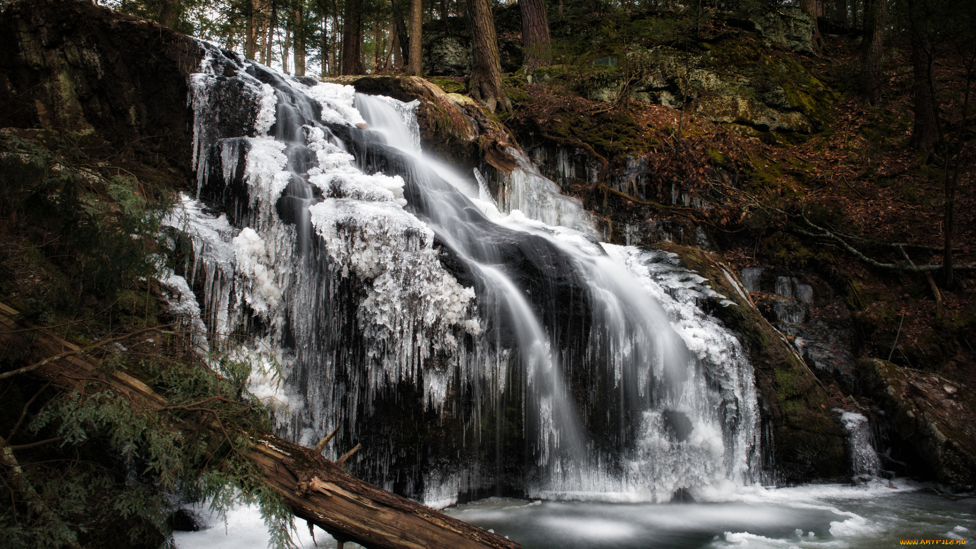 nonnewaug, falls, woodbury, connecticut, природа, водопады, лес, зима, лёд
