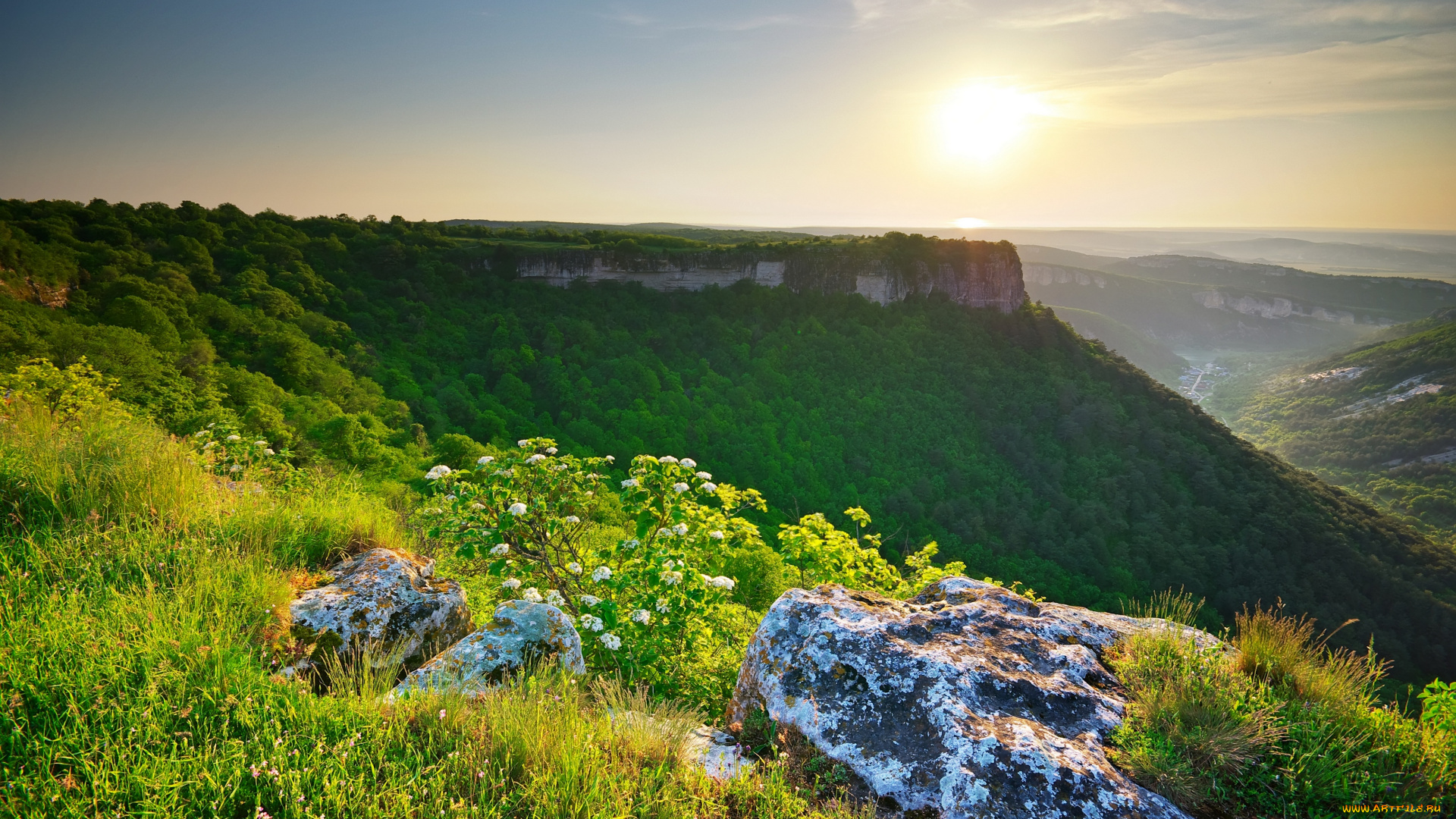 природа, восходы, закаты, утро, пейзаж, солнце, рассвет, трава, горы, зелень, камни