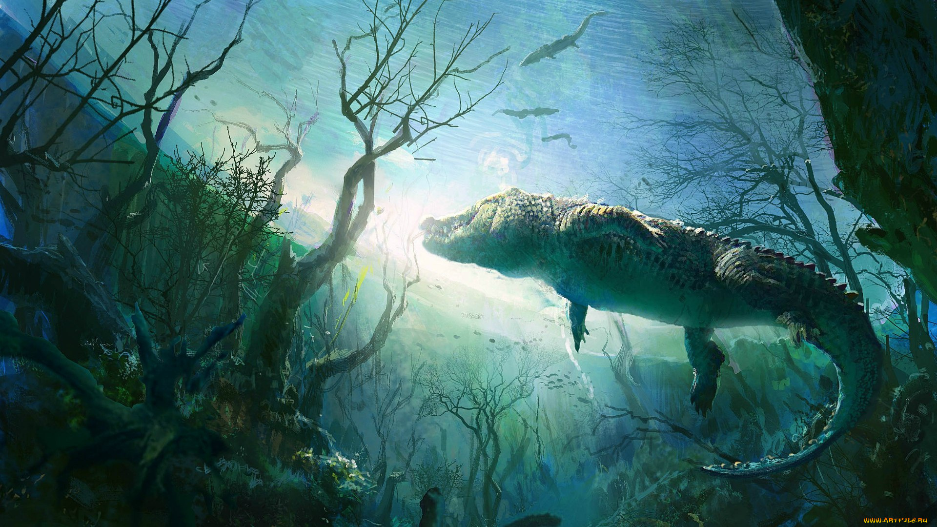 рисованные, животные, крокодилы, вода, крокодил, ветки