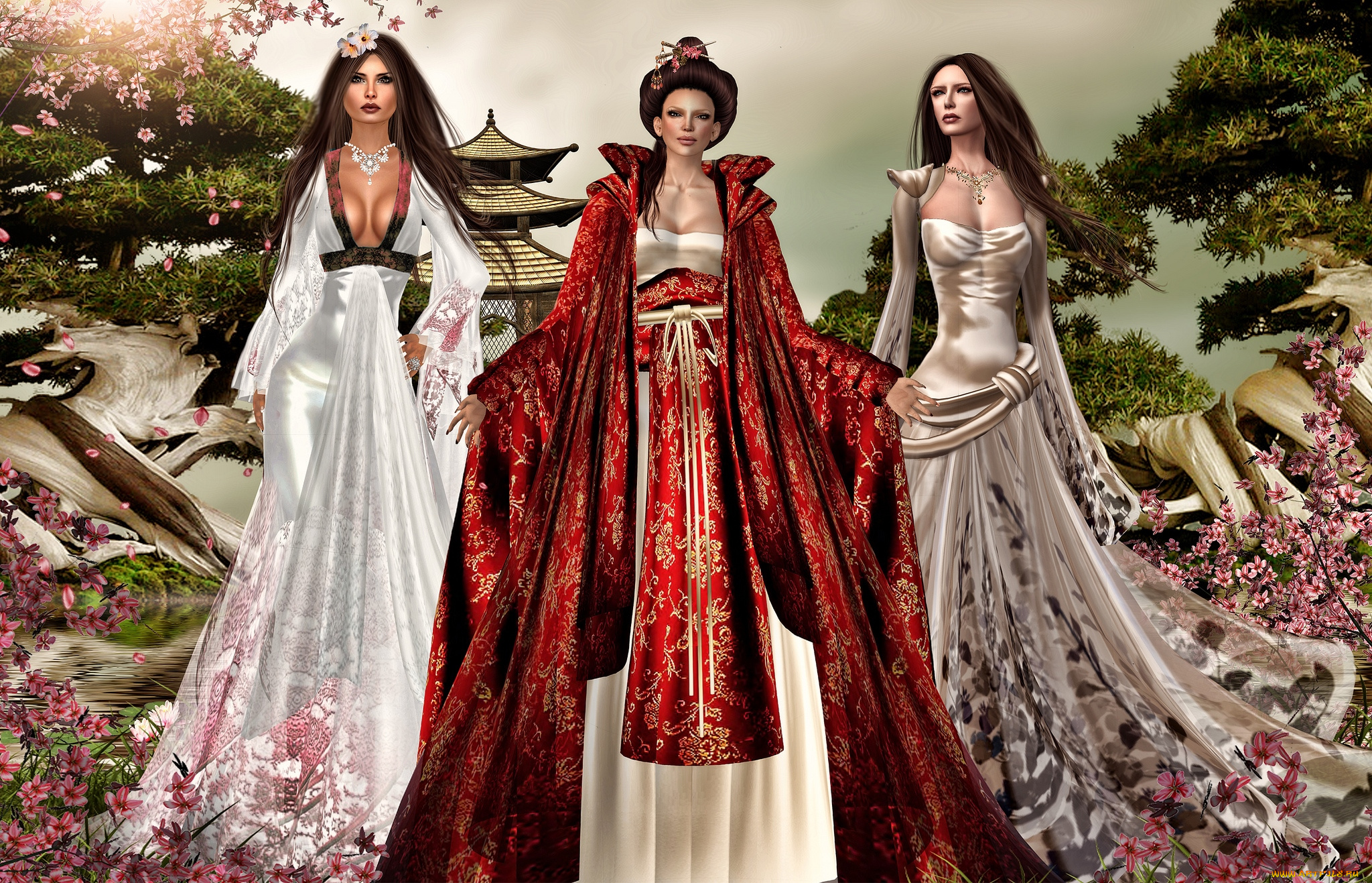 3д, графика, people, люди, девушки, платья, пагода