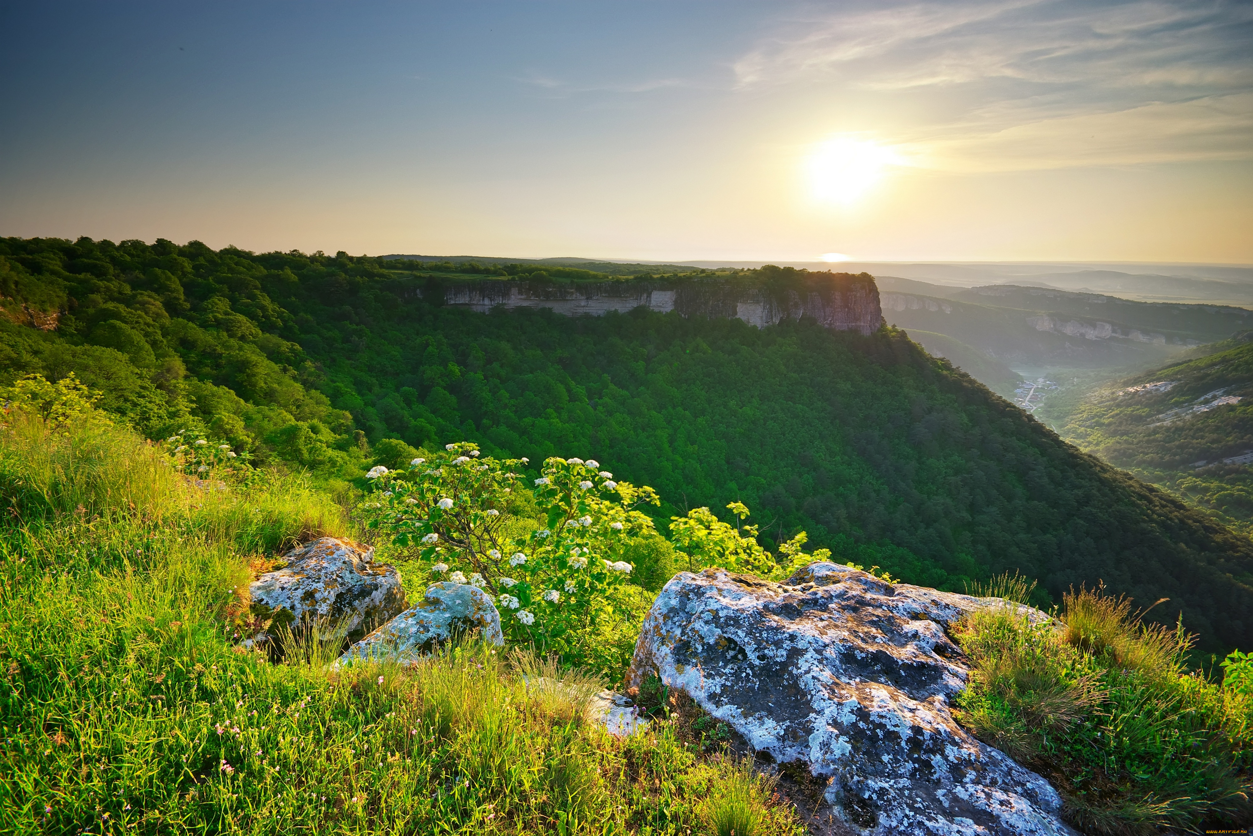 природа, восходы, закаты, утро, пейзаж, солнце, рассвет, трава, горы, зелень, камни