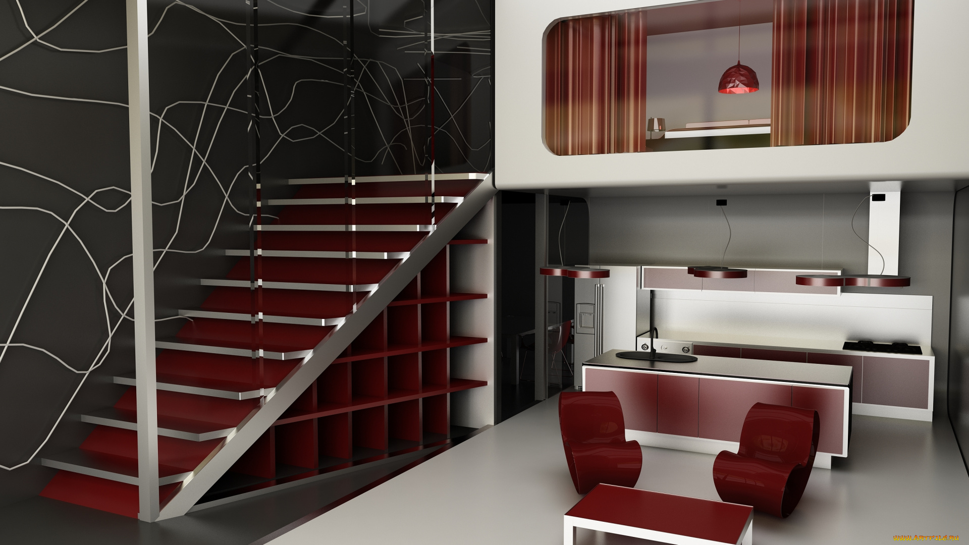 3д, графика, realism, , реализм, стулья, стол, лестница, кухня