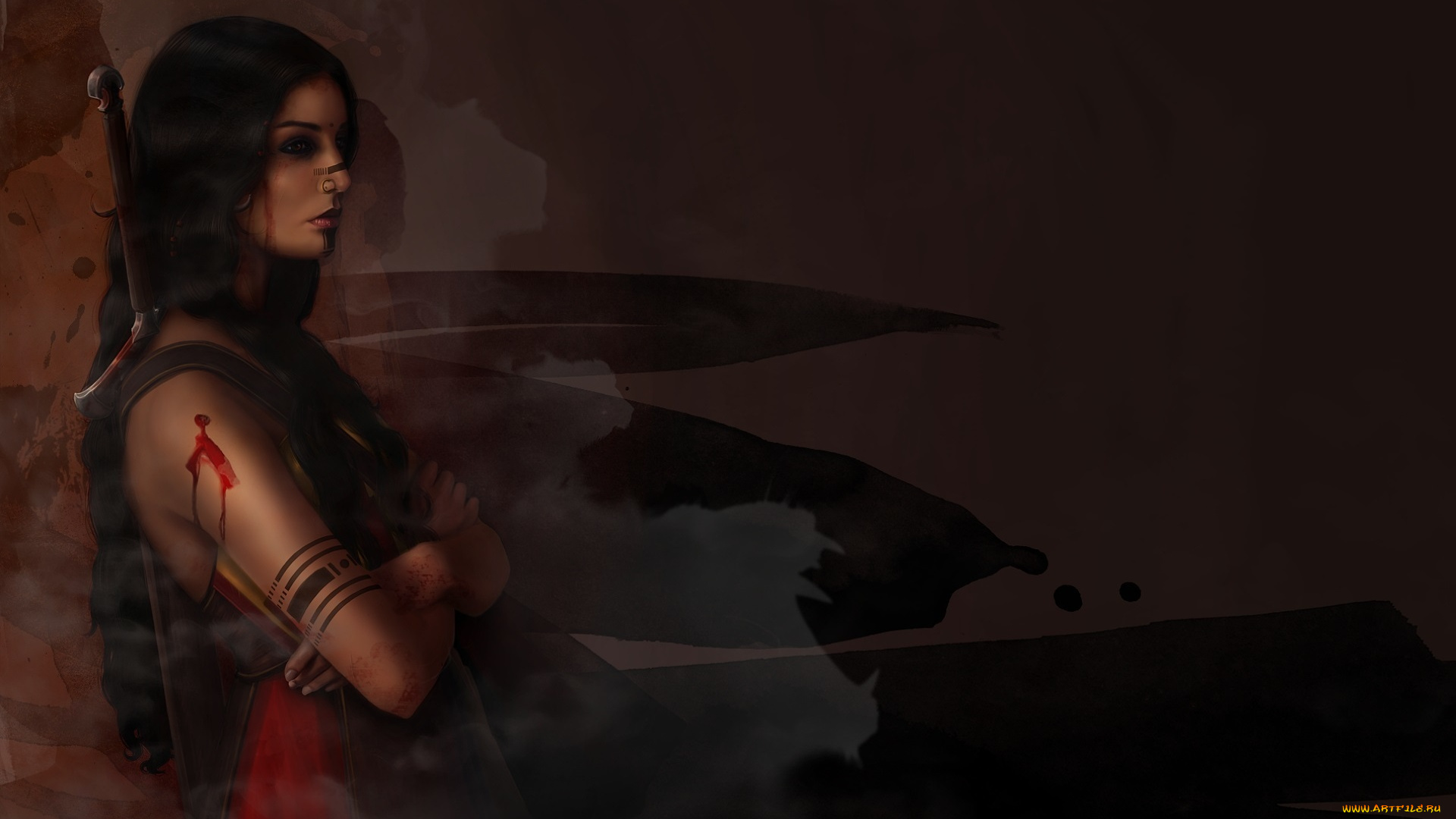 фэнтези, девушки, оружие, меч, кровь, рука, рана, пирсинг, лицо