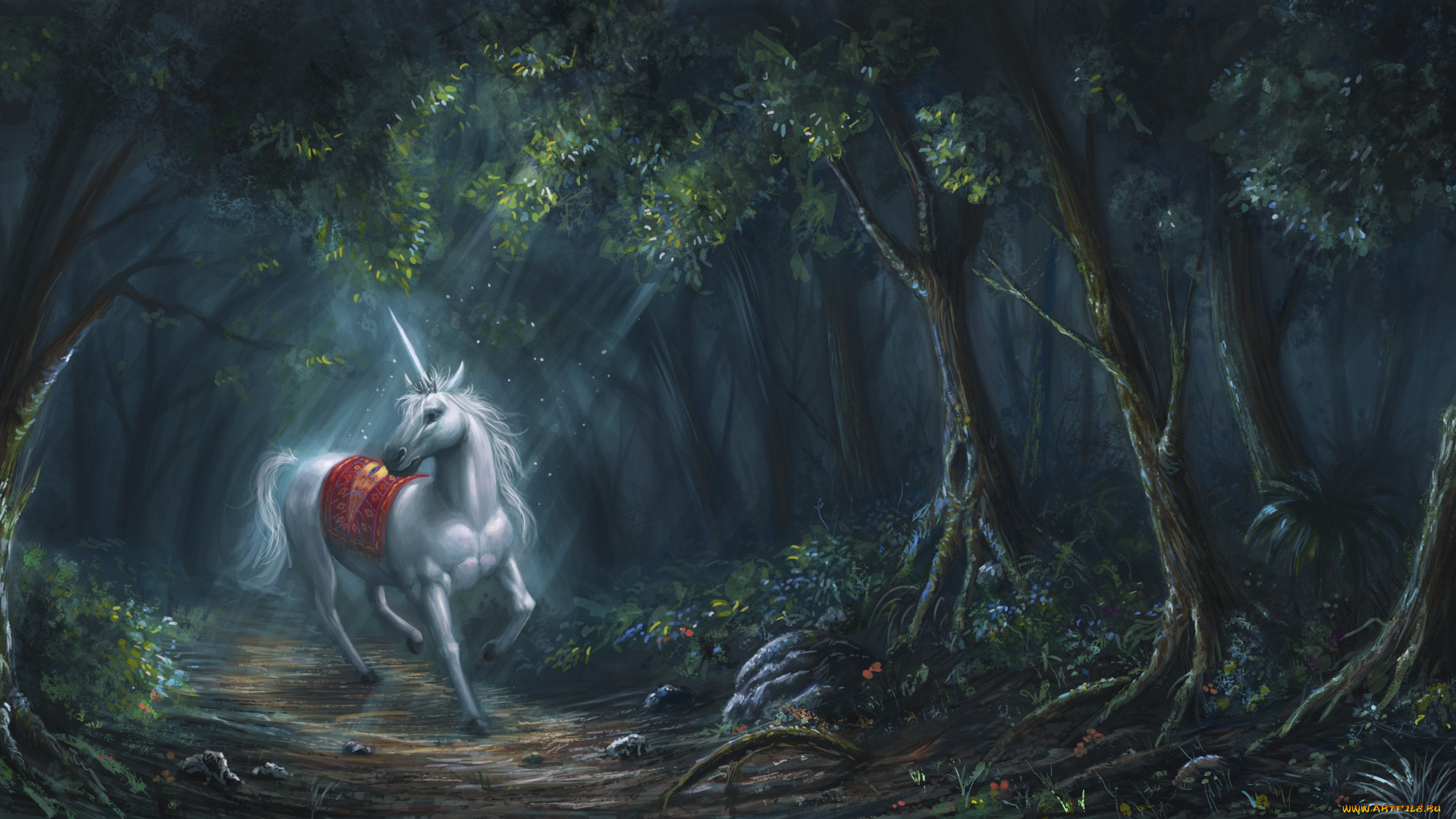 фэнтези, единороги, тропинка, деревья, лес, единорог