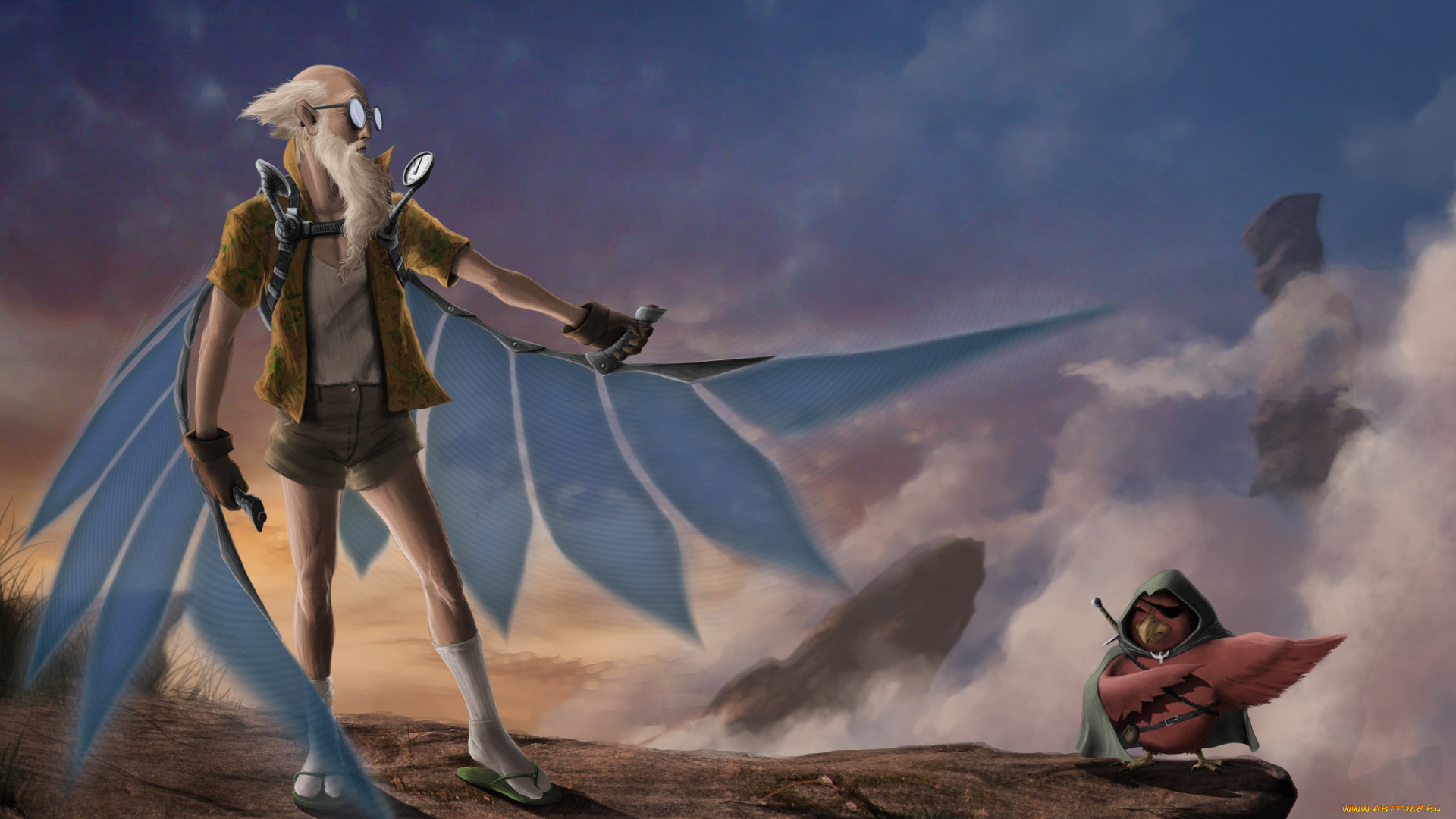 фэнтези, люди, существо, птица, икар, крылья, старик