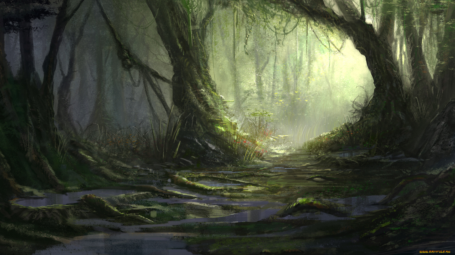фэнтези, пейзажи, родник, деревья, лианы, лес