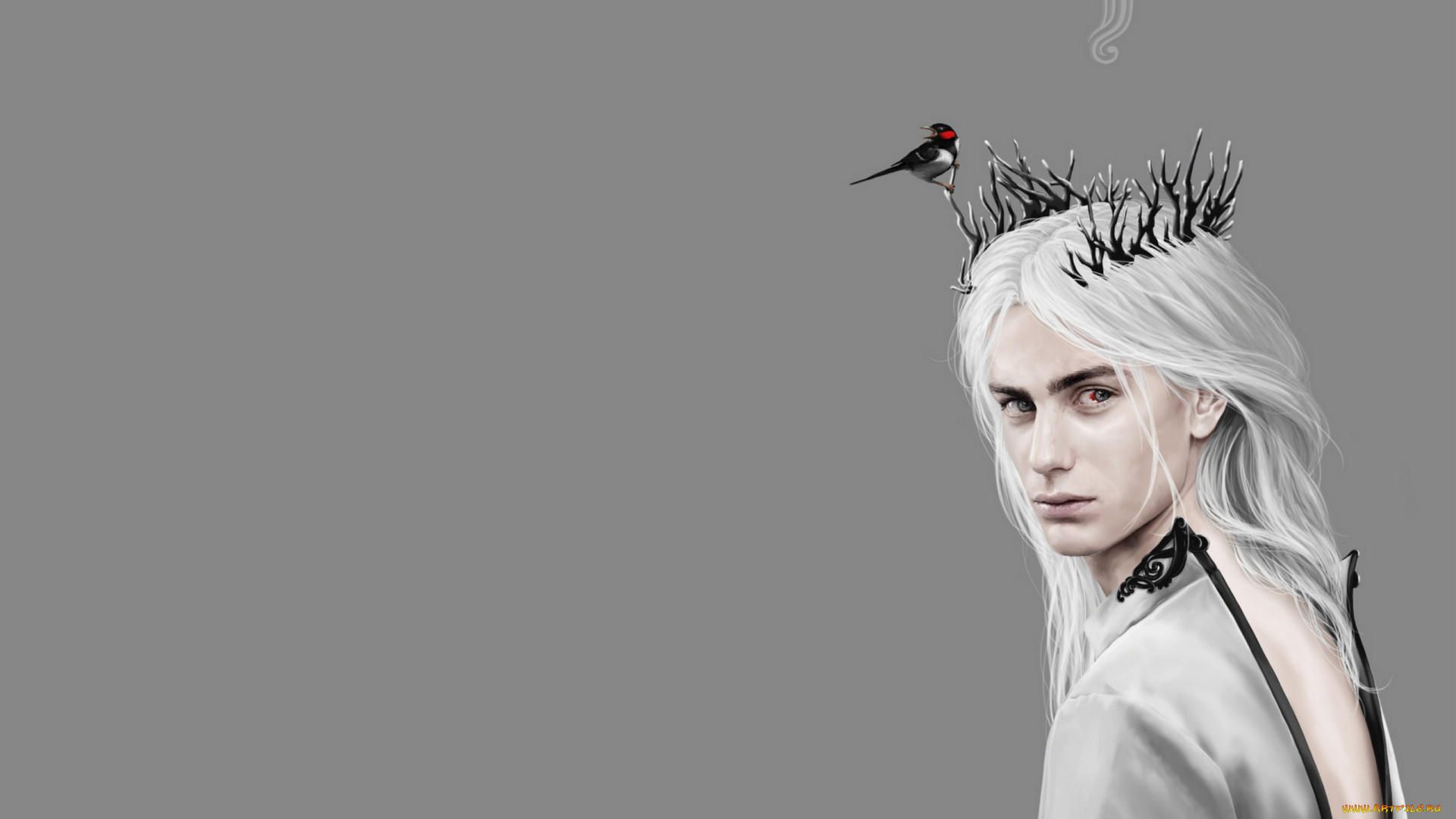 фэнтези, существа, арт, птичка, рожки, парень, серый, фон