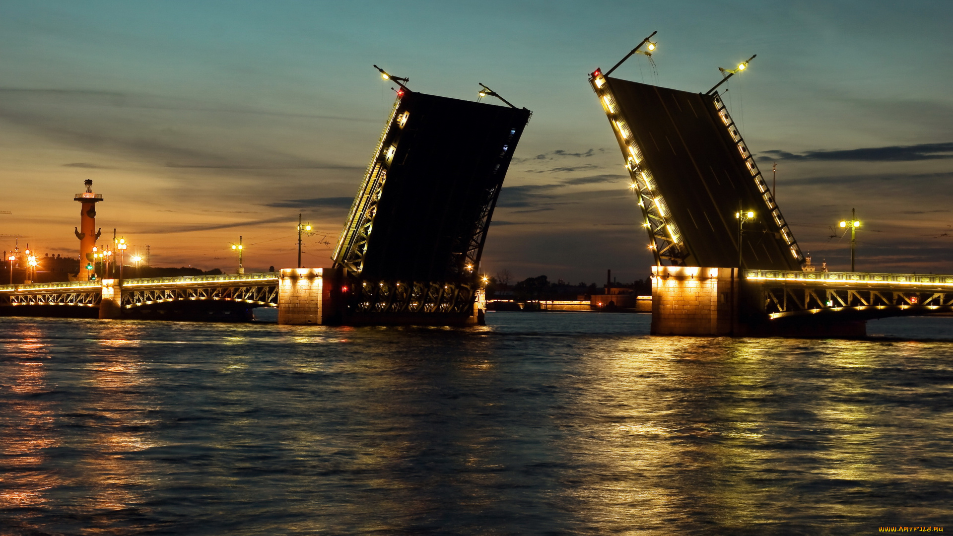 города, санкт-петербург, , петергоф, , россия, мост, огни, ночь, река