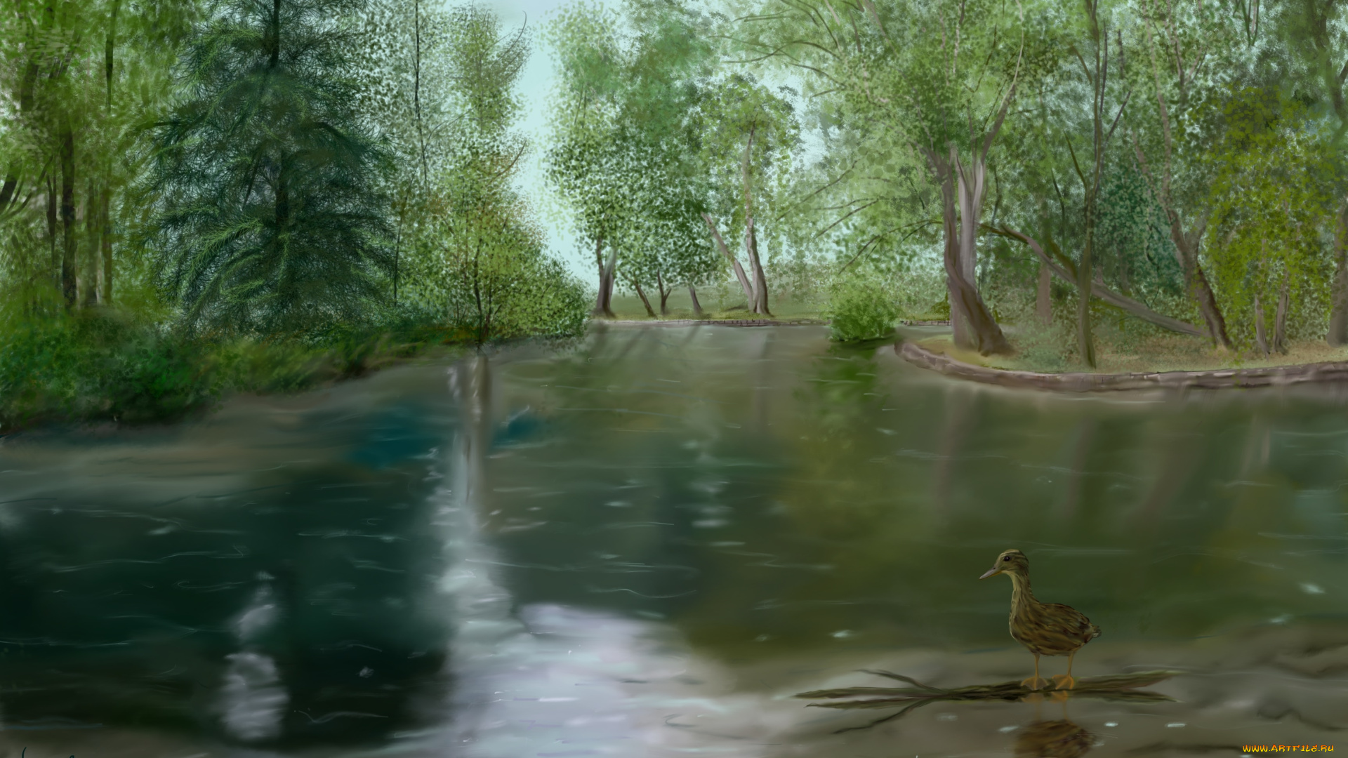 рисованные, природа, деревья, река, утка