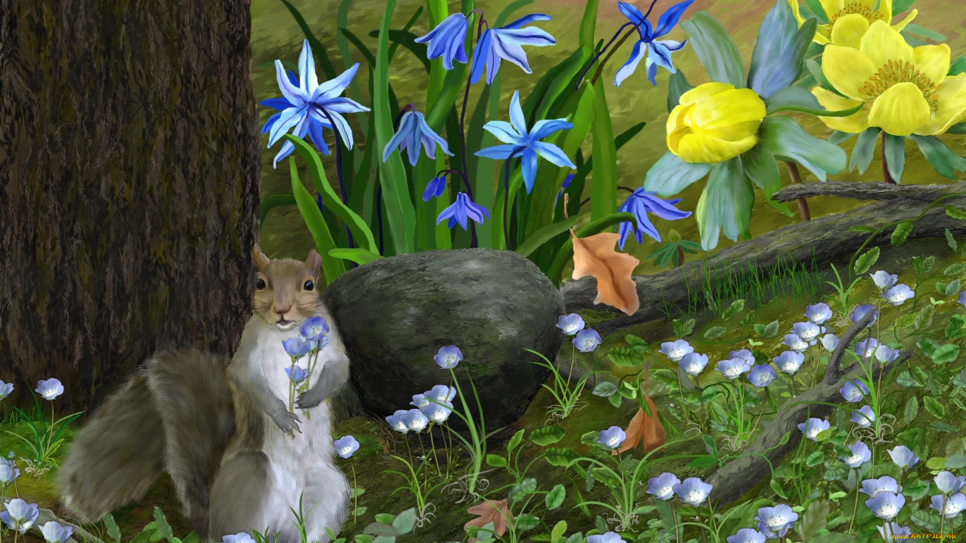рисованные, животные, цветы, белка