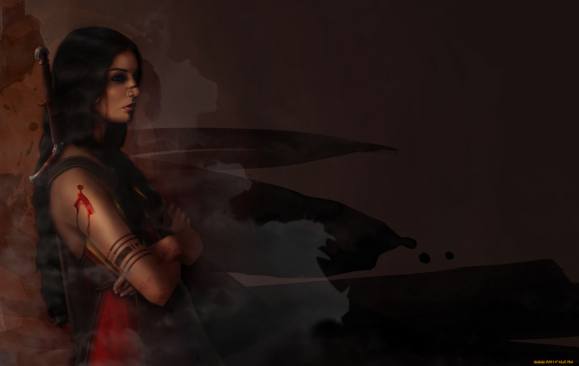 фэнтези, девушки, оружие, меч, кровь, рука, рана, пирсинг, лицо