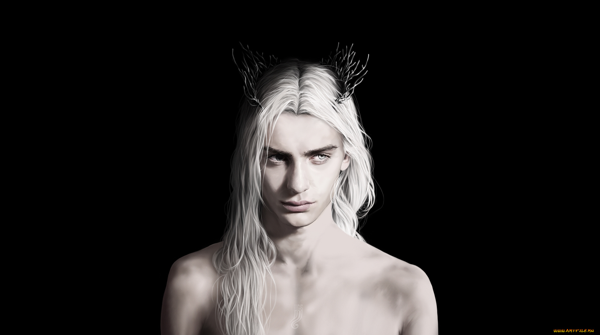 фэнтези, существа, чёрный, фон, рожки, парень, белые, волосы