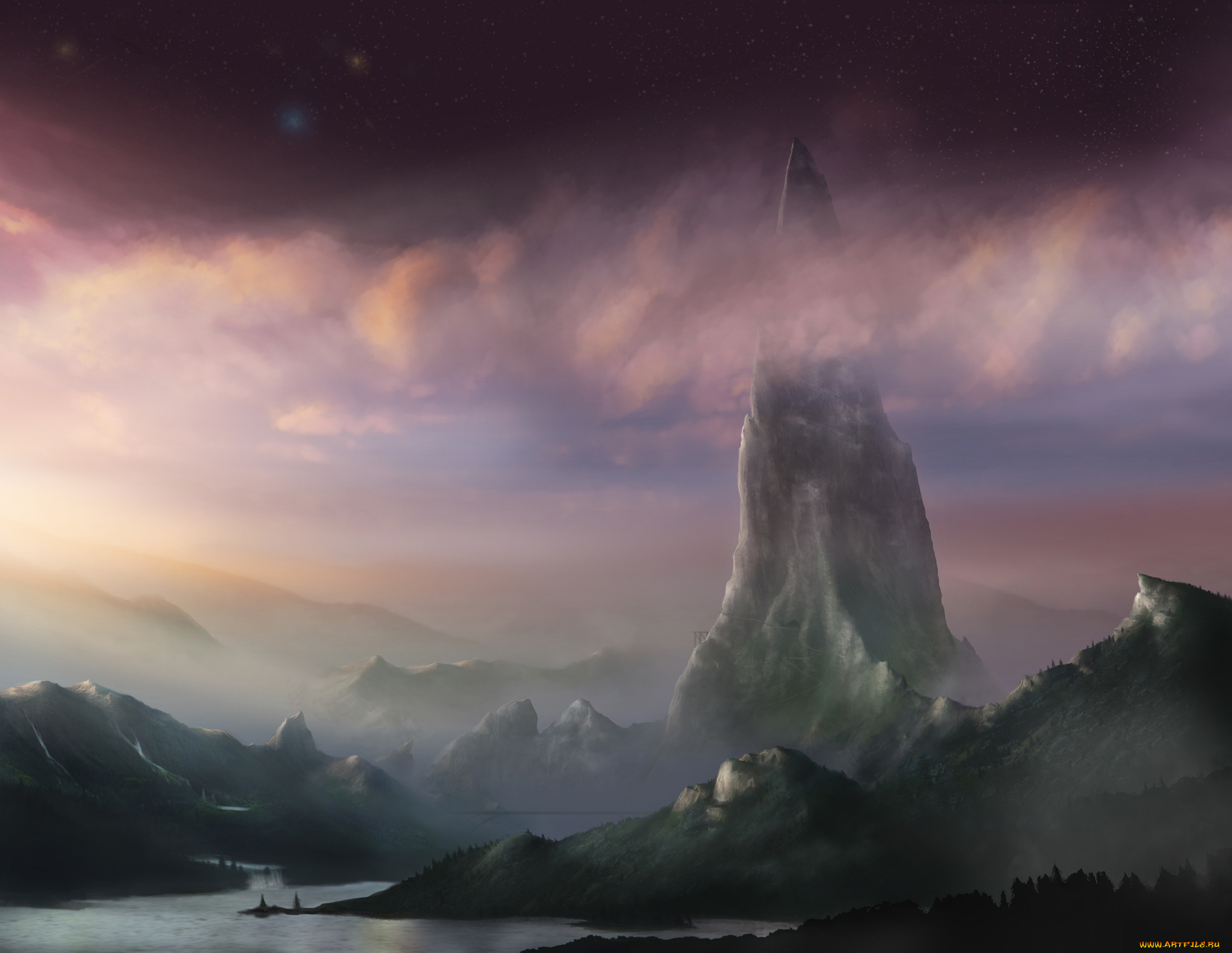 фэнтези, пейзажи, пейзаж, горы, озеро, пик, скала