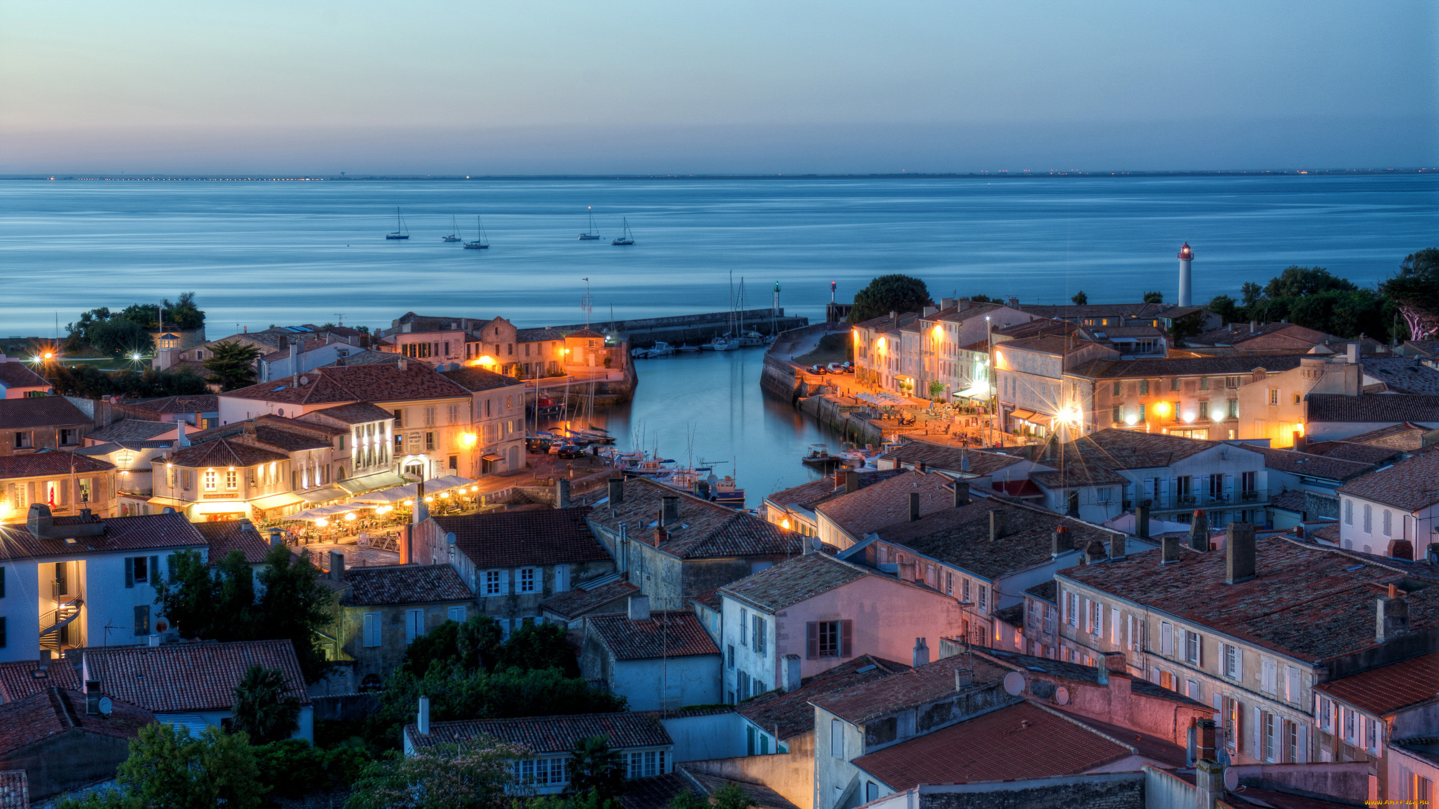 сен-мартен-де-ре, франция, города, -, огни, ночного, города, ночь, дома, море, побережье, огни