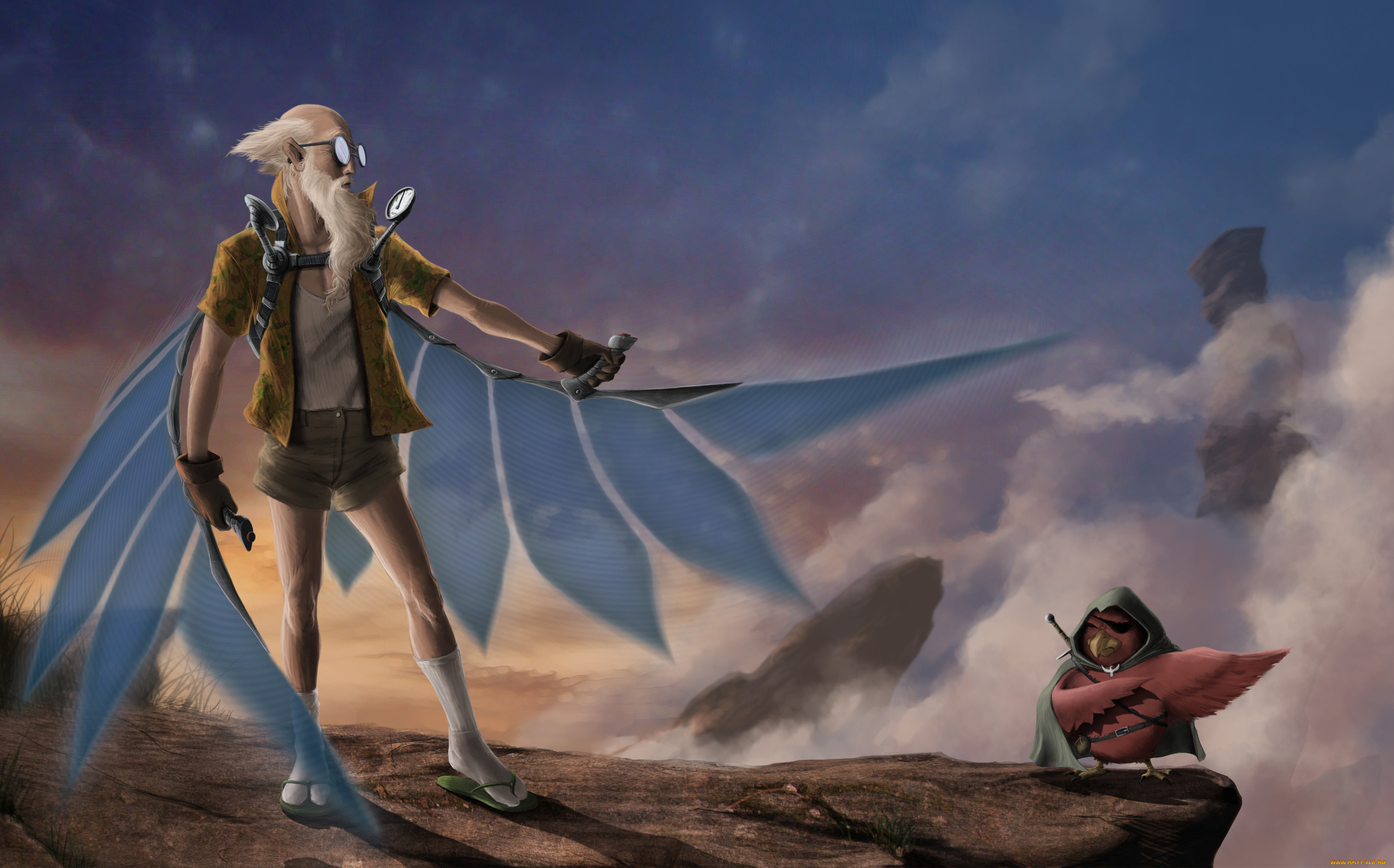 фэнтези, люди, существо, птица, икар, крылья, старик