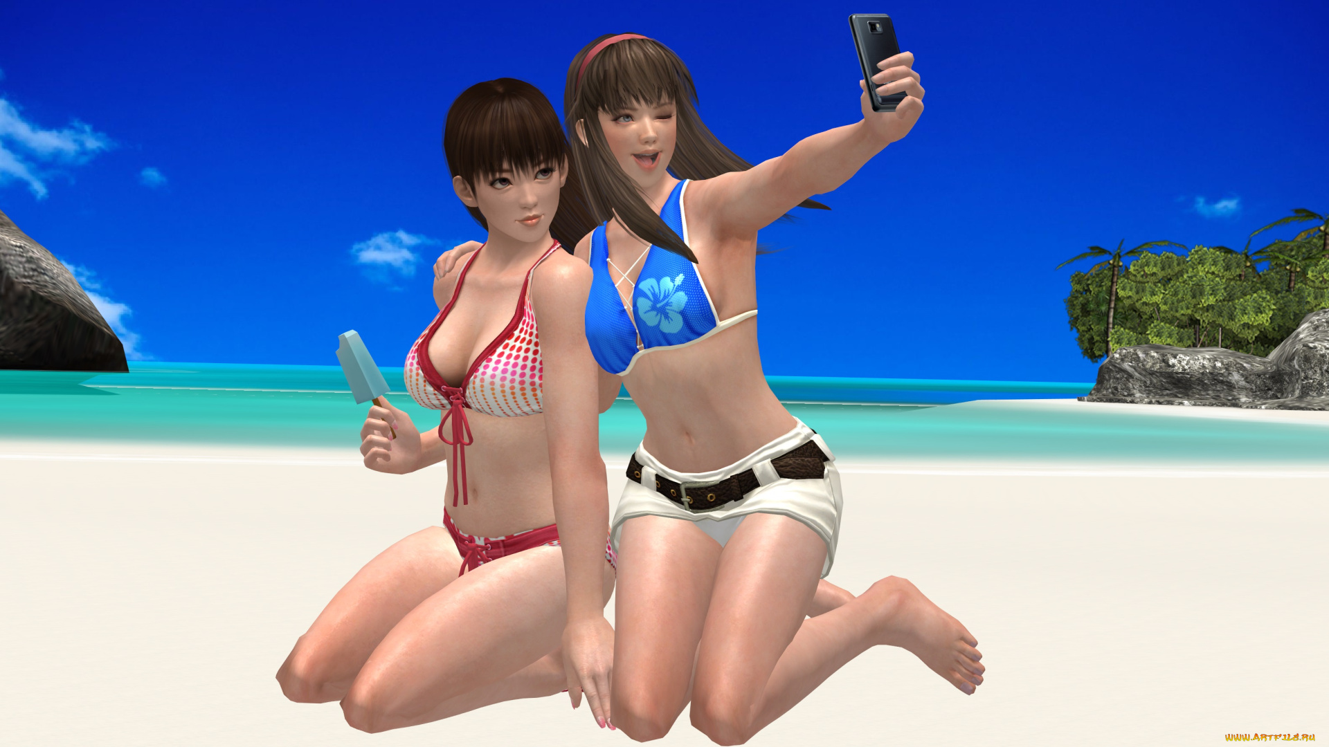 3д, графика, аниме, , anime, пляж, фон, девушки, взгляд