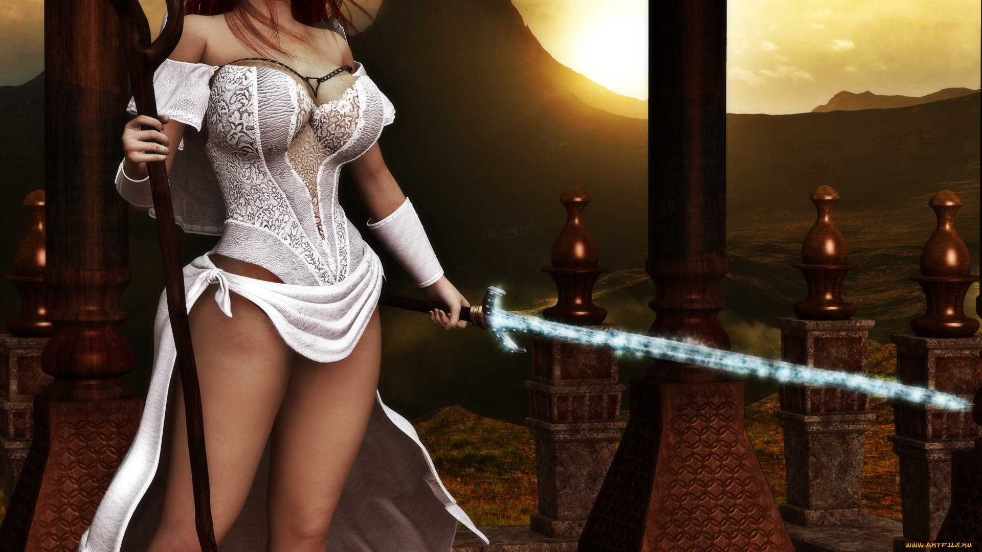 3д, графика, фантазия, , fantasy, девушка, взгляд, фон, оружие