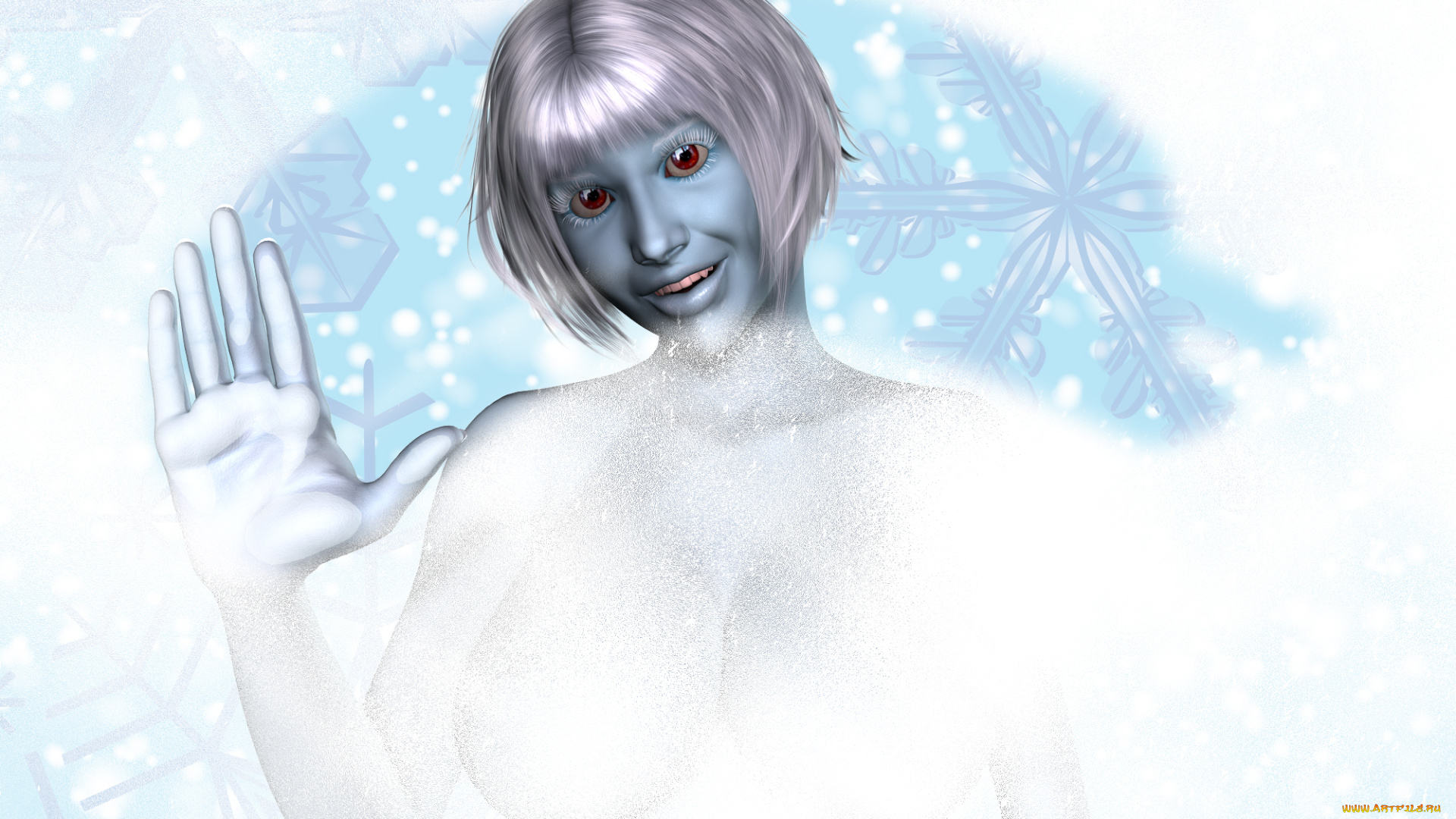 3д, графика, фантазия, , fantasy, девушка, взгляд, фон, снежинки