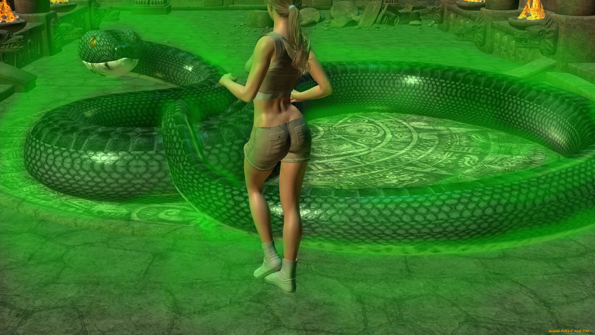 3д, графика, фантазия, , fantasy, фон, змея, взгляд, девушка