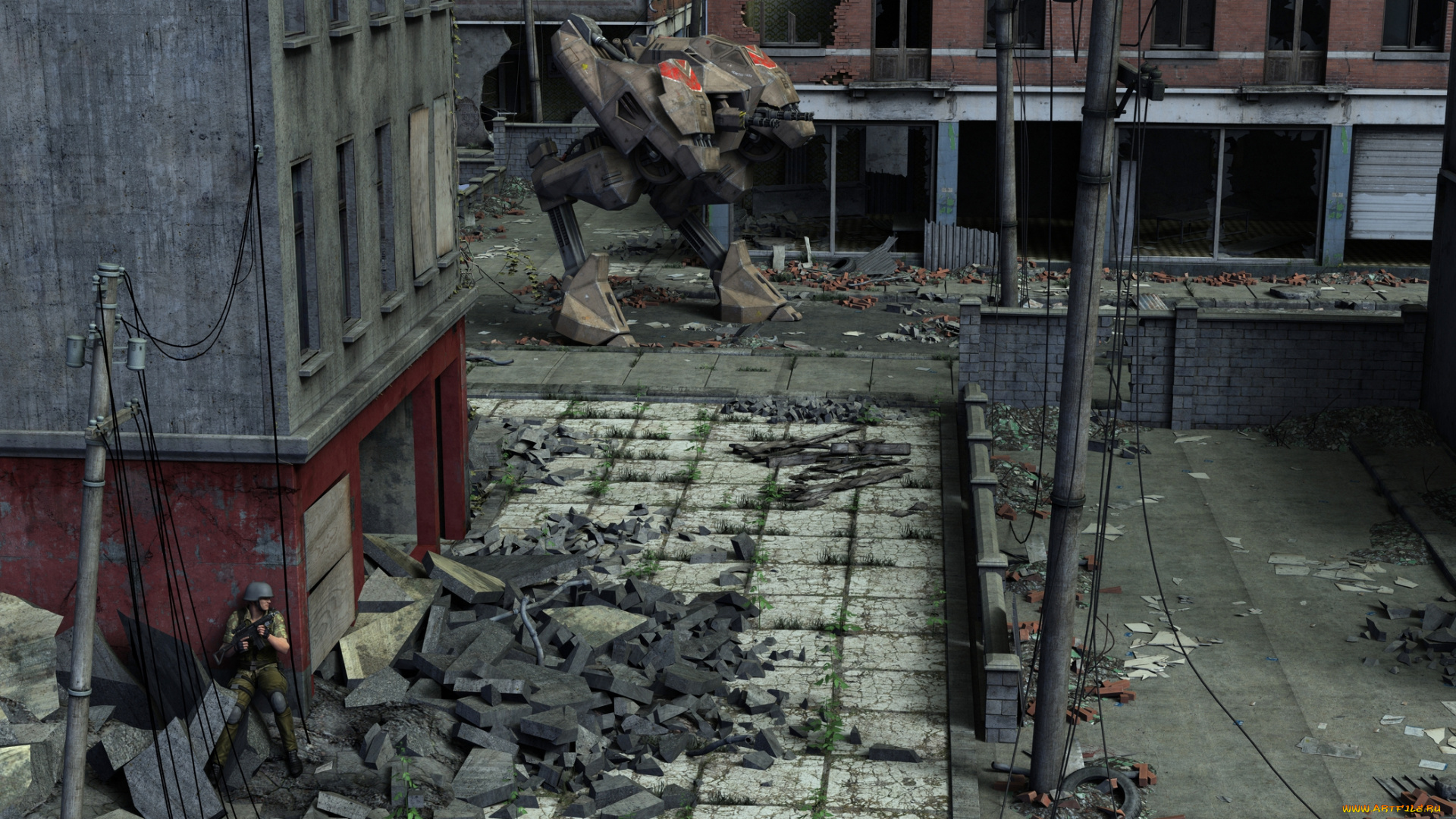 3д, графика, фантазия, , fantasy, город, робот, руины, солдат