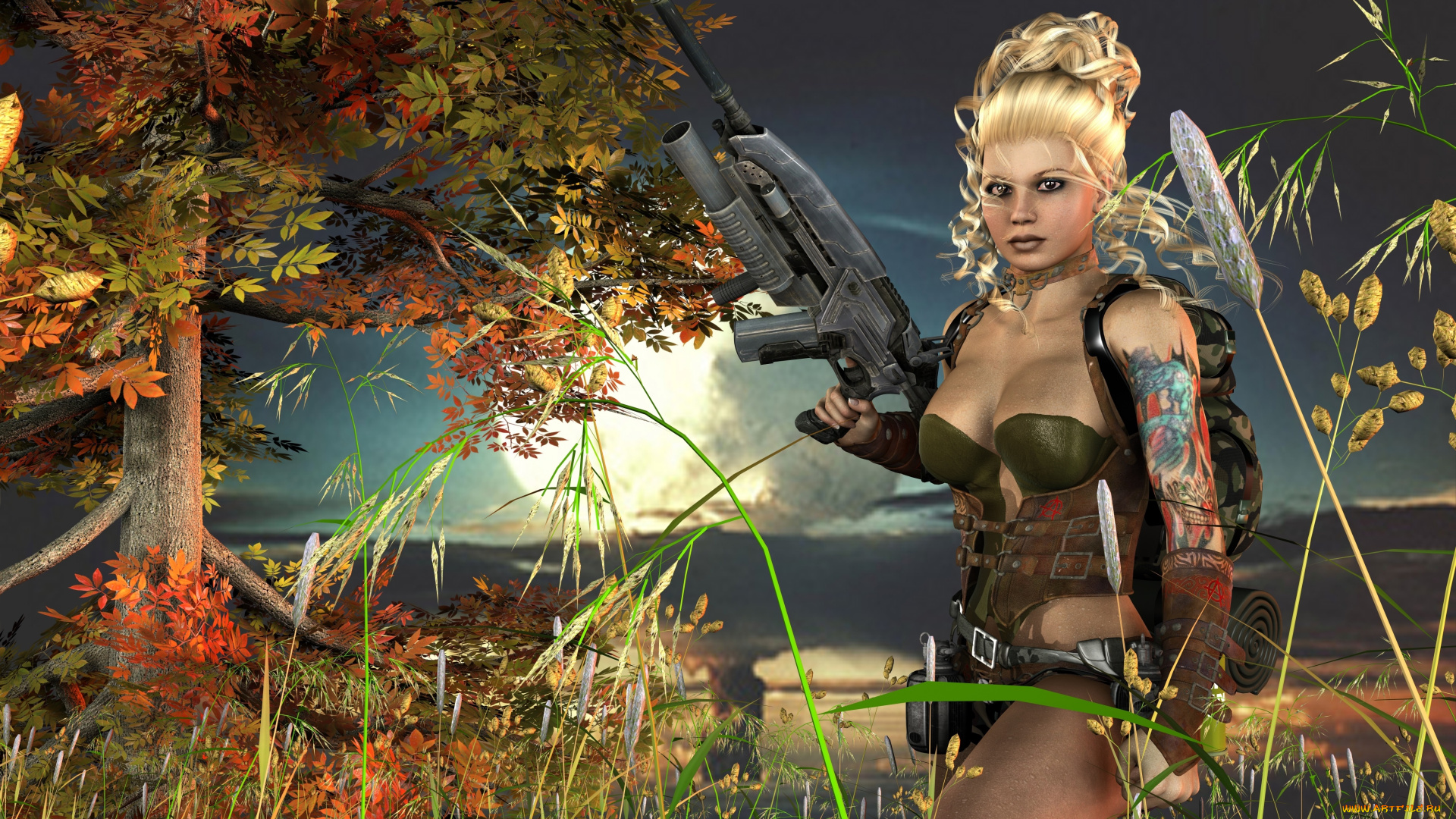 3д, графика, фантазия, , fantasy, оружие, девушка, фон, взгляд