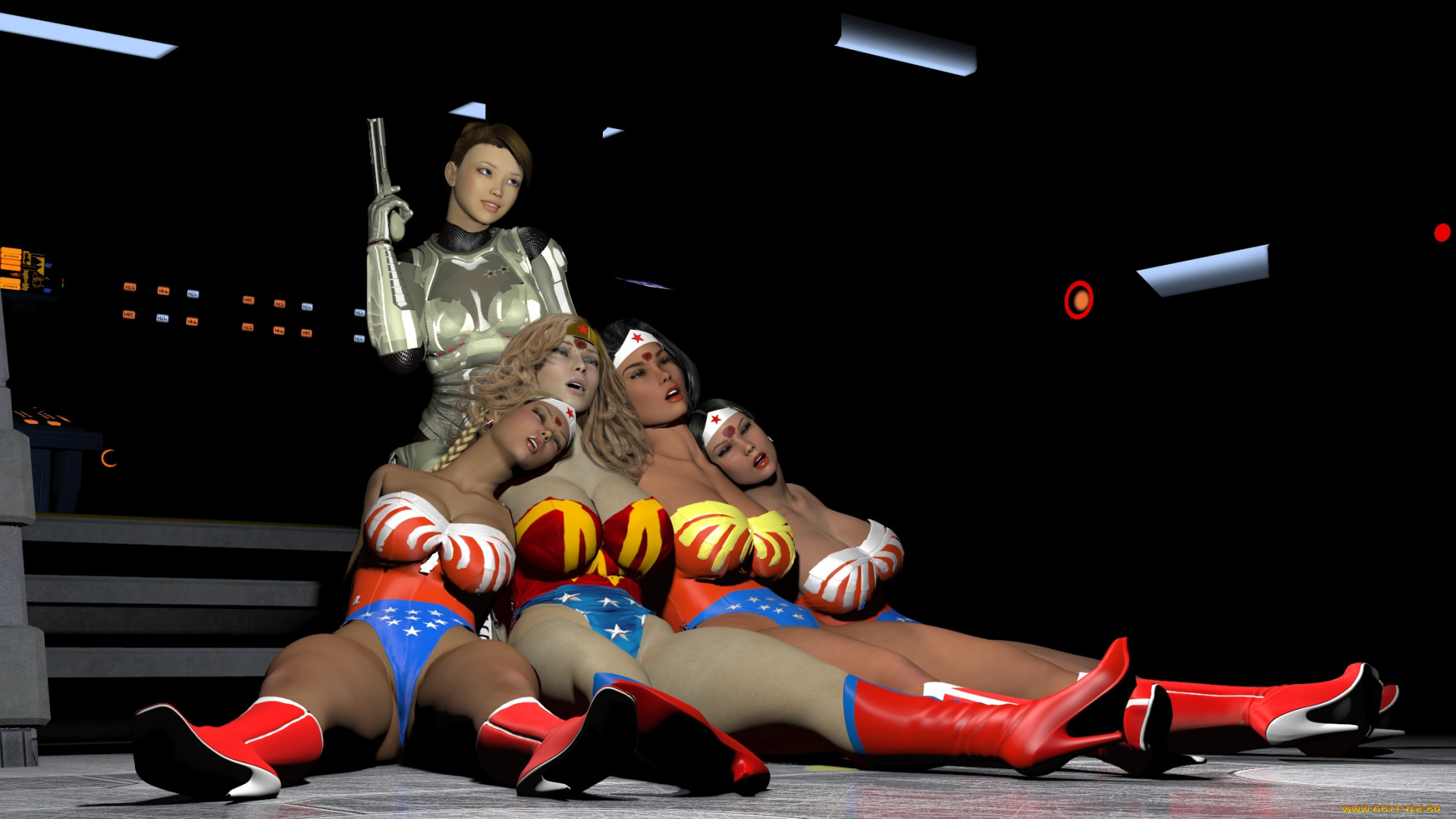 3д, графика, фантазия, , fantasy, взгляд, девушка, супермены, оружие, фон