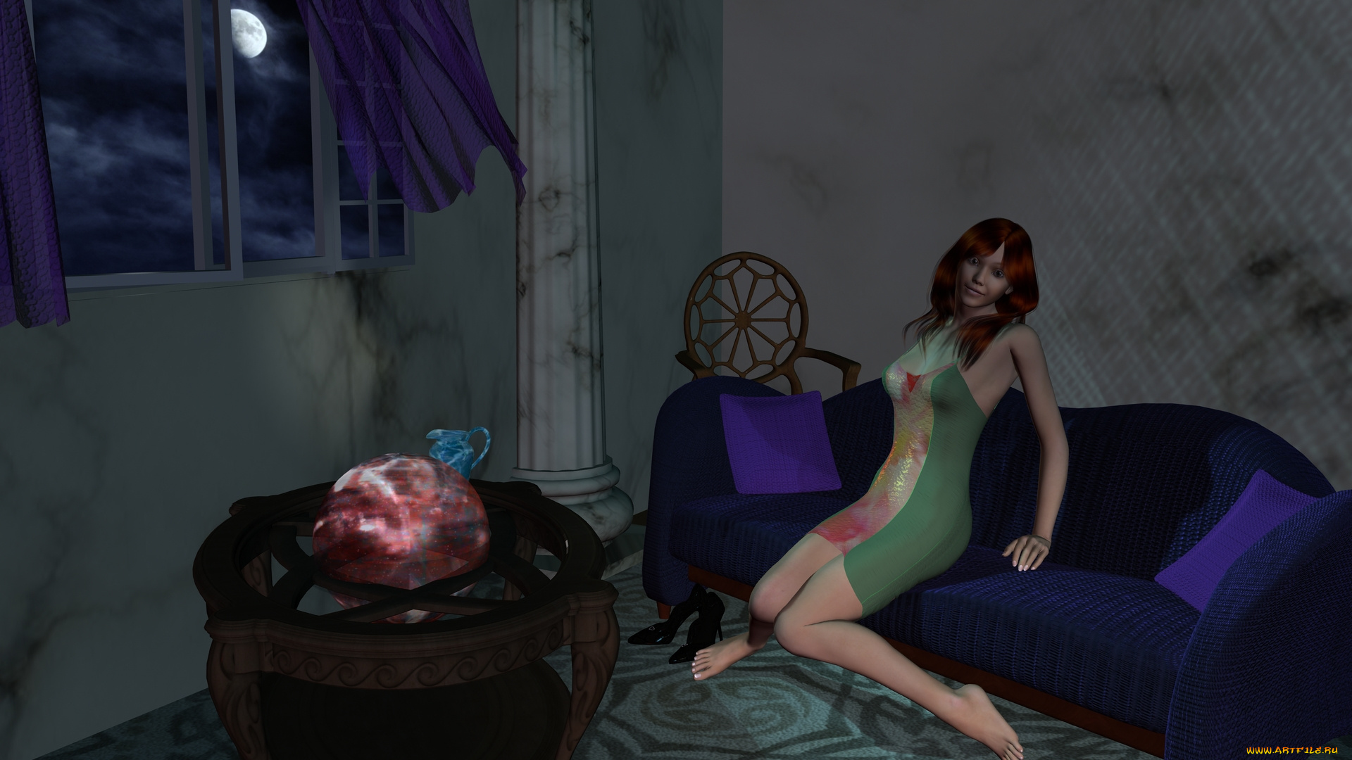 3д, графика, люди, , people, девушка, взгляд, фон, кровать, стол