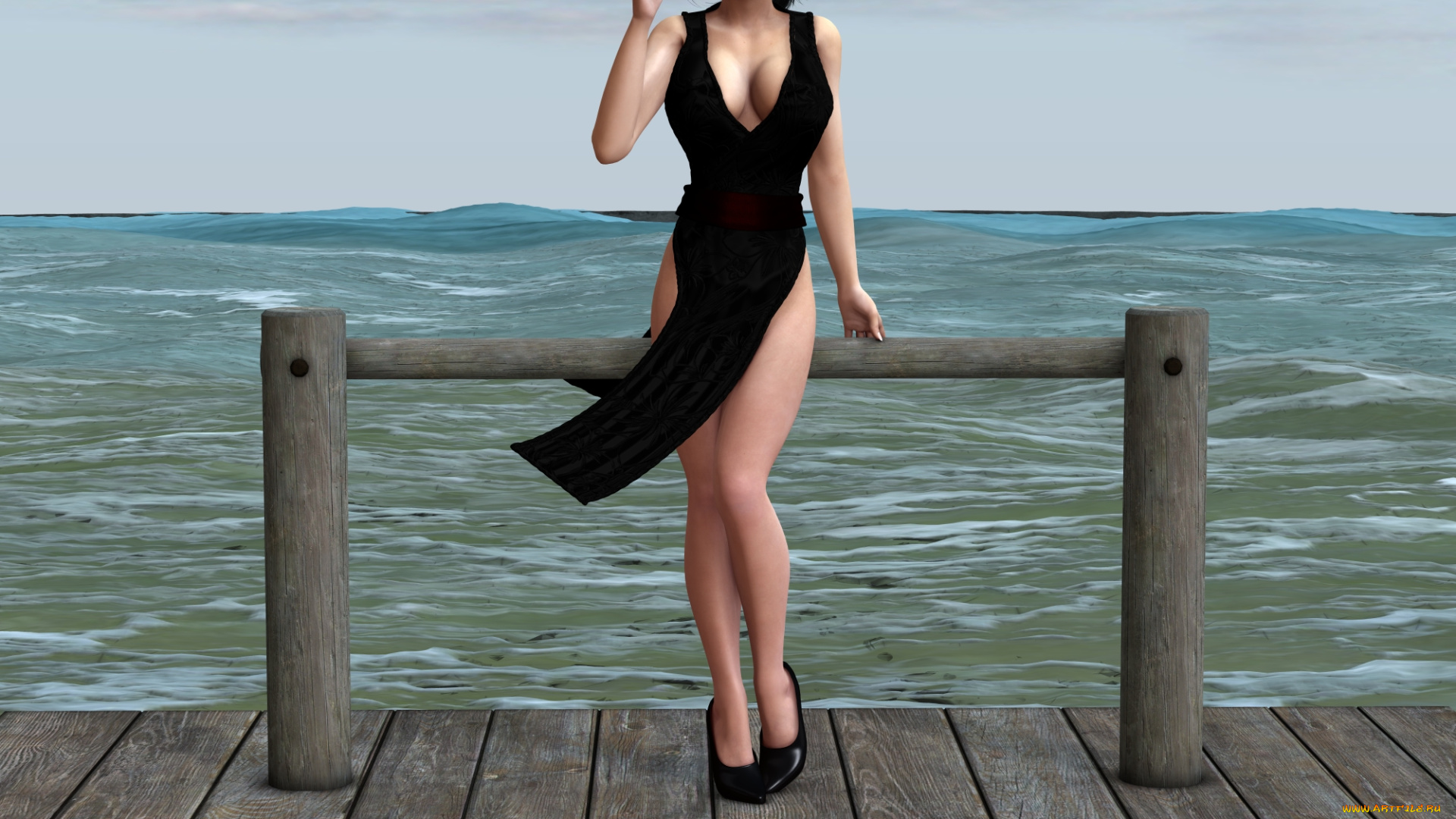 3д, графика, люди, , people, девушка, взгляд, фон, море