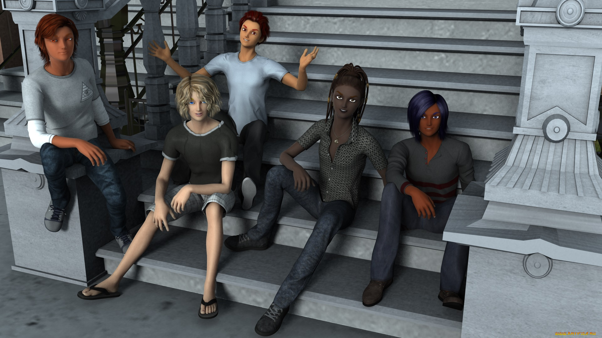 3д, графика, люди, , people, девушки, взгляд, фон, лестница