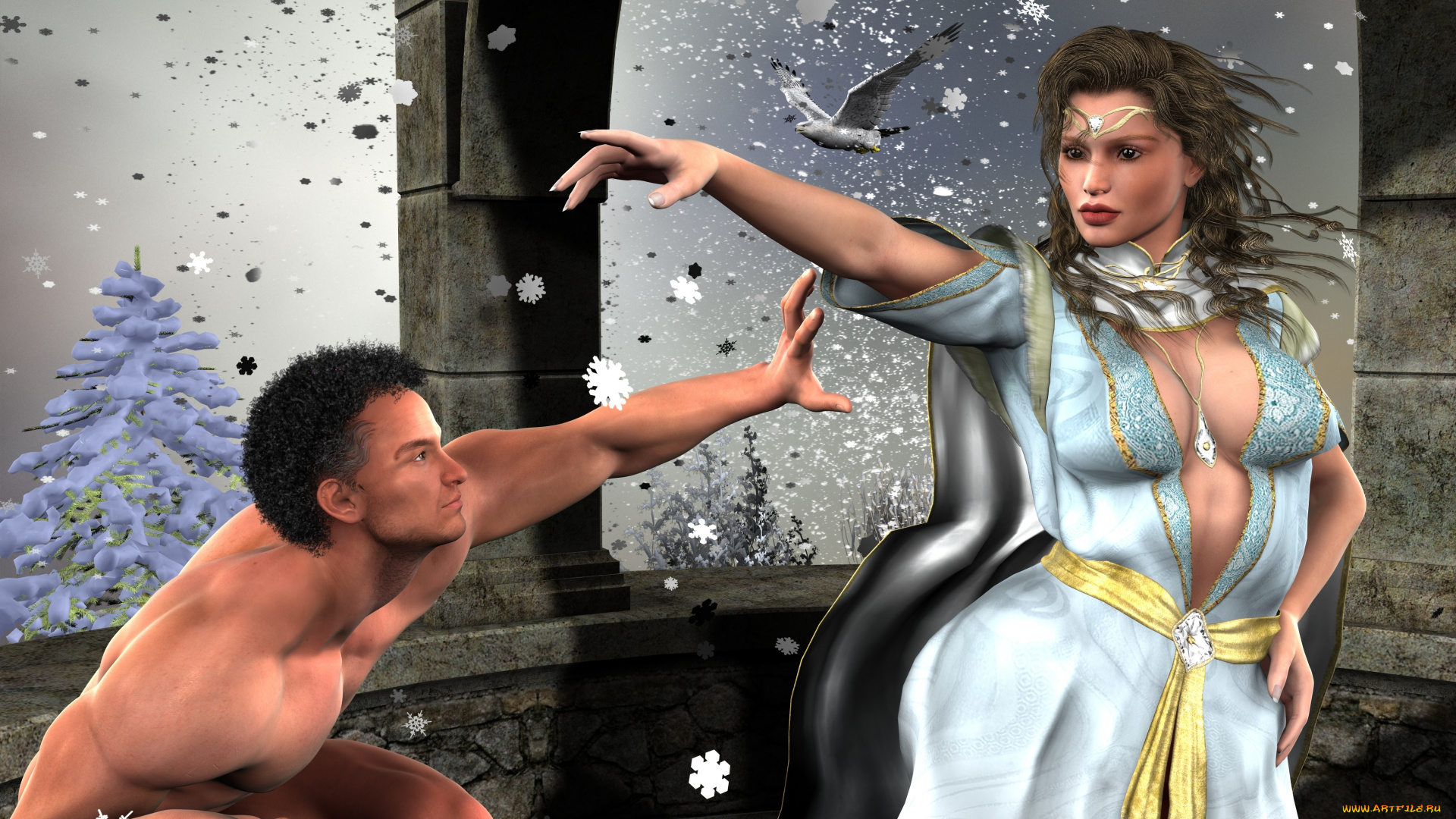 3д, графика, люди, , people, птица, мужчина, фон, взгляд, девушка, ели, снег
