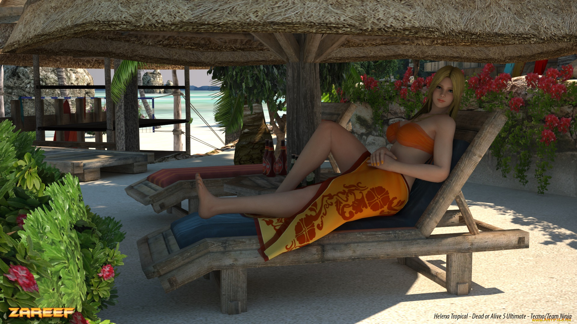 3д, графика, люди, , people, шезлонг, блондинка, фон, взгляд, девушка, бунгало