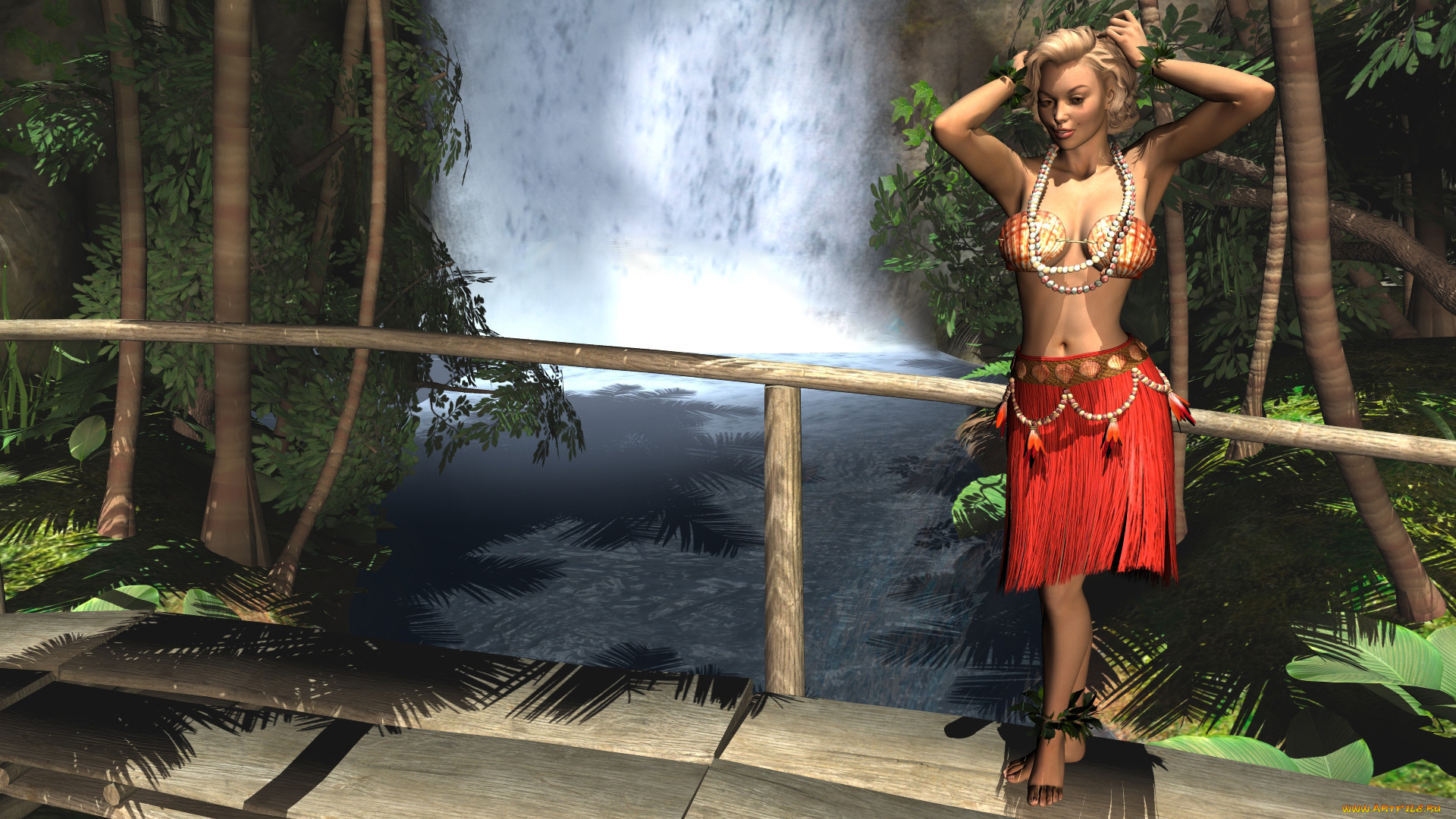 3д, графика, люди, , people, водопад, фон, взгляд, девушка