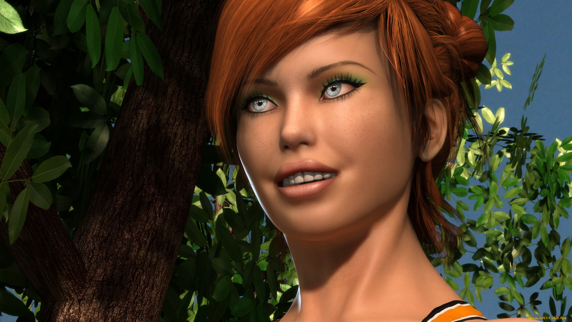 3д, графика, портрет, , portraits, девушка, взгляд, фон, рыжая, улыбка