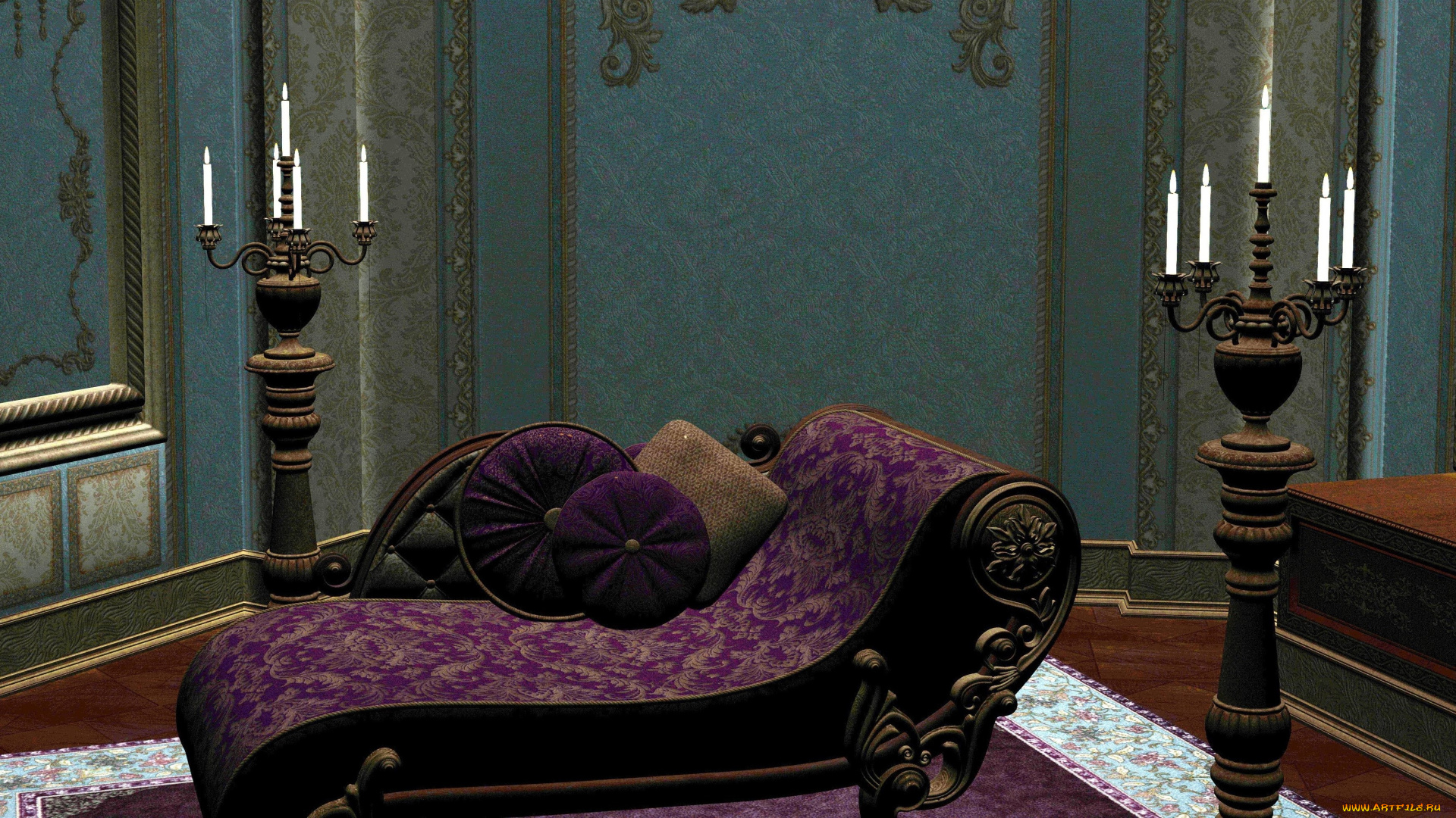 3д, графика, реализм, , realism, подушки, свечи, диван