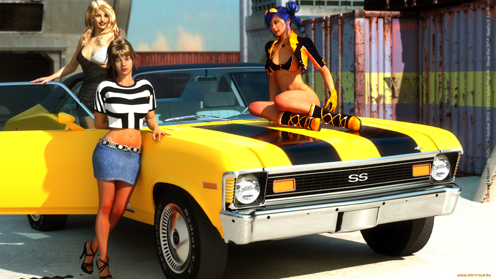 автомобили, 3d, car&girl, фон, взгляд, девушки, автомобиль